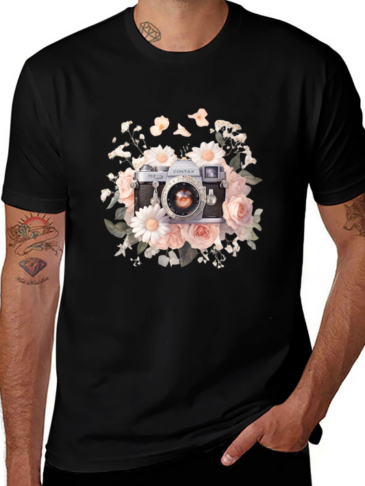 Vintage Camera Floral Print T-Shirt