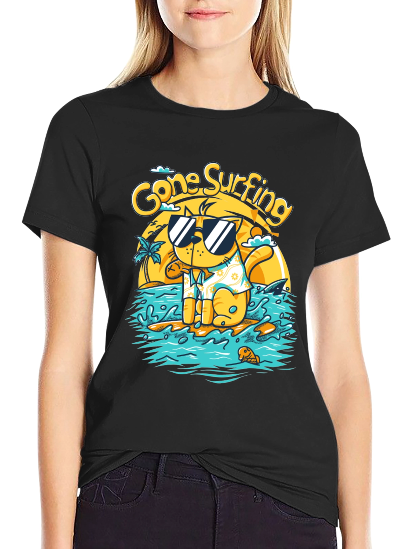 Gone Surfing Cat Graphic T-Shirt