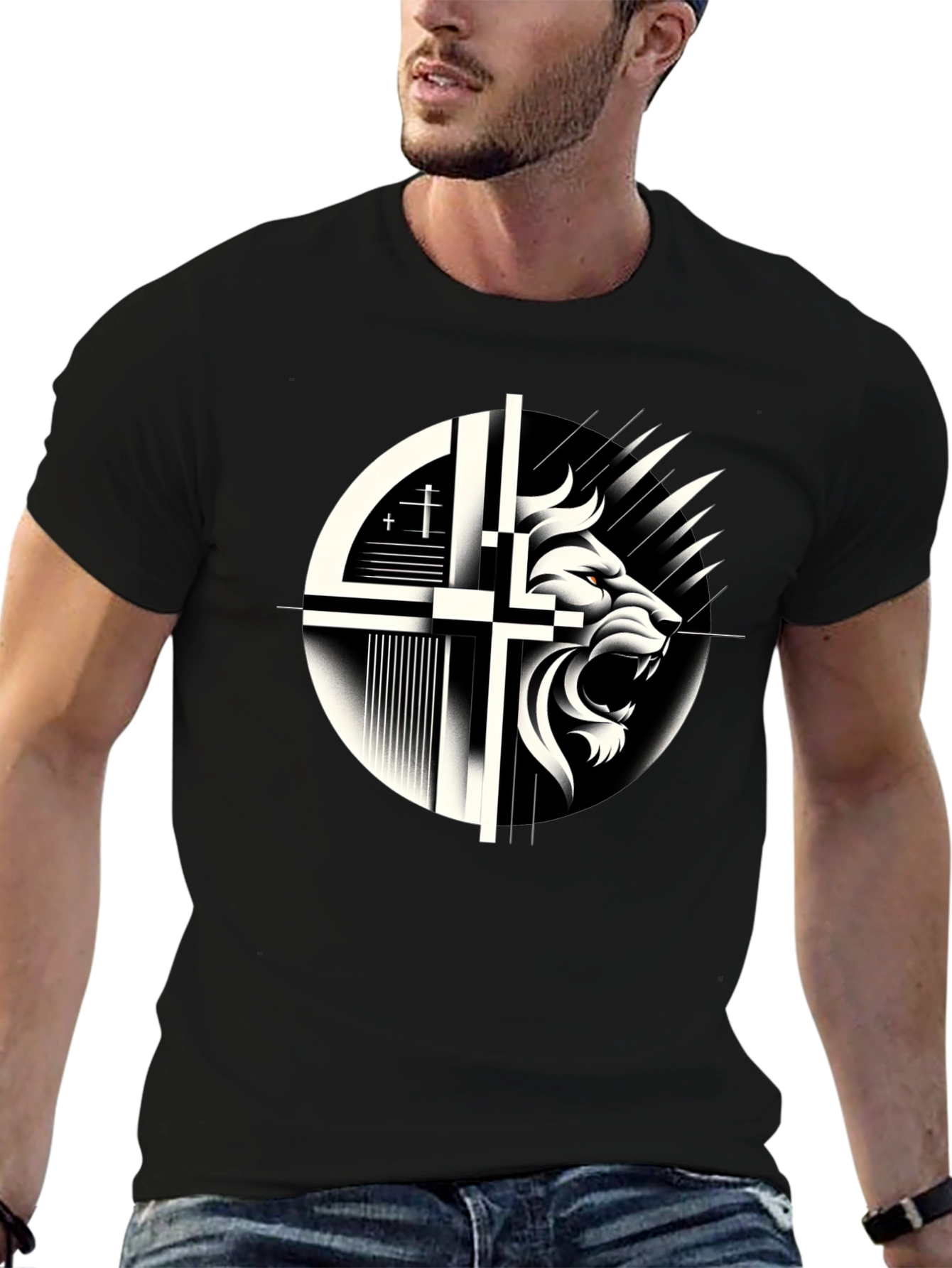Lion and Cross Graphic Black T-Shirt