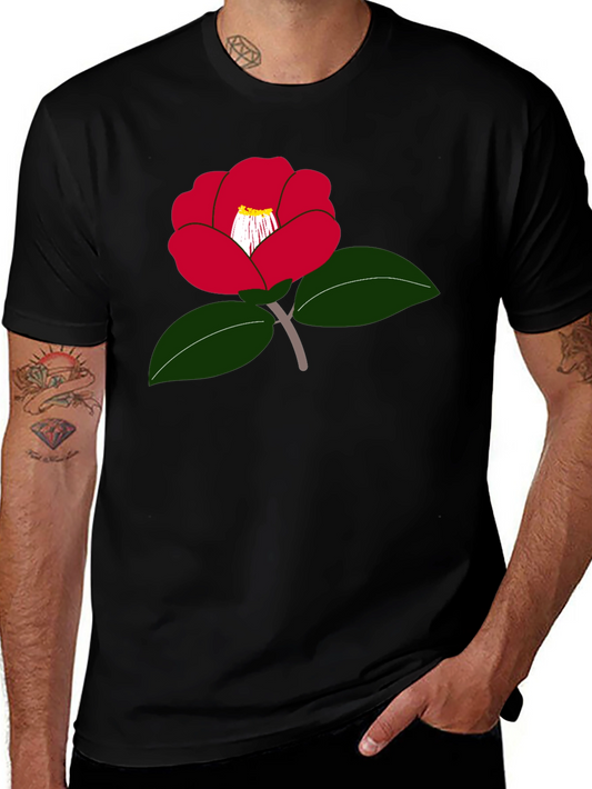 Red Camellia Flower Graphic T-Shirt - Casual Wear