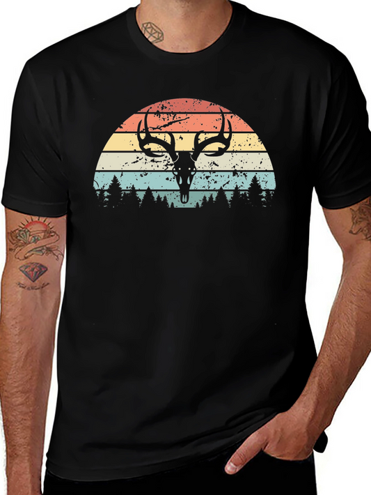 Retro Deer Skull Sunset Graphic Tee