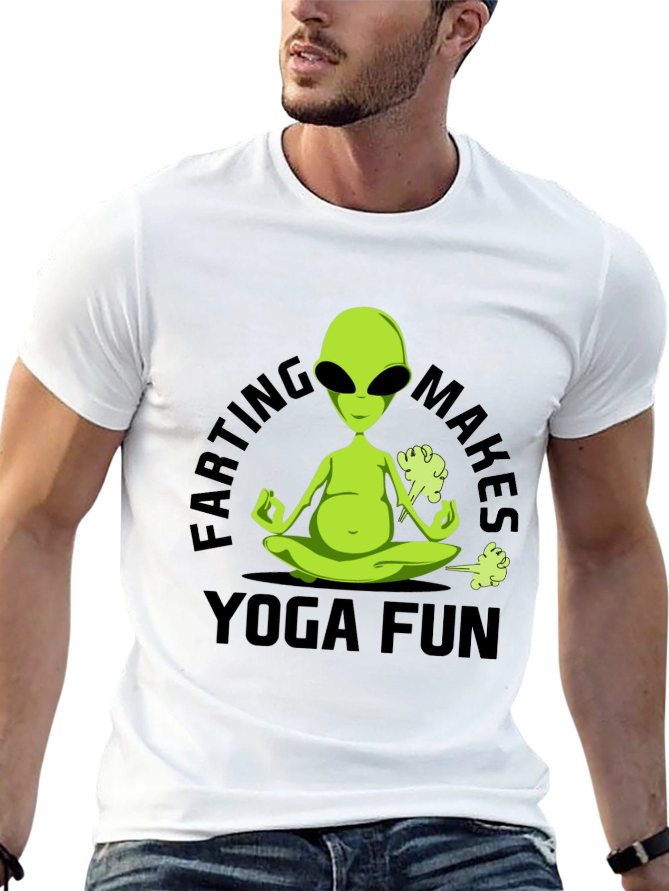 Farting Makes Yoga Fun T-Shirt Alien Meditation Black Tee