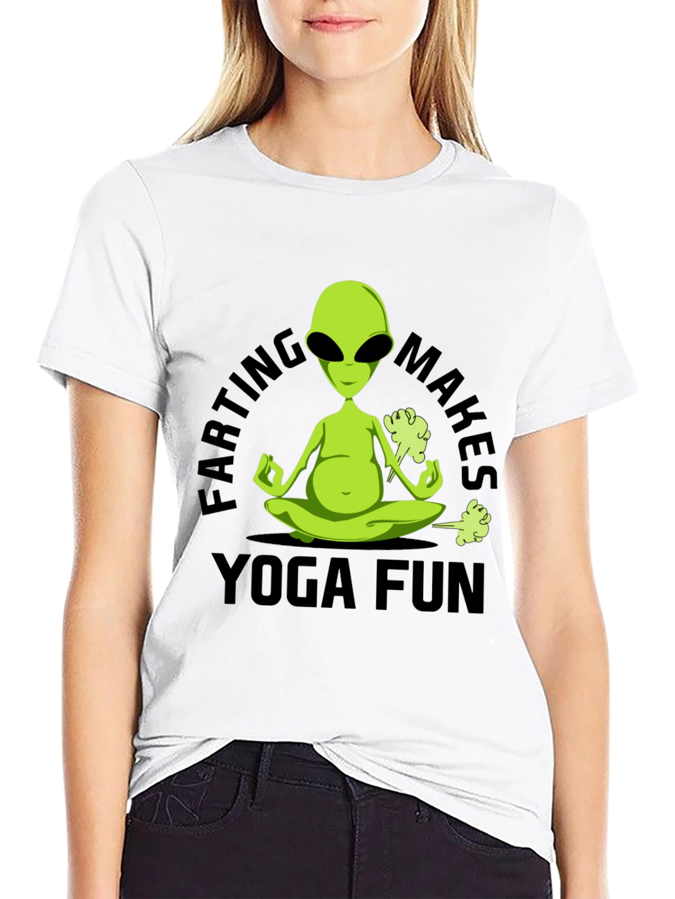 Farting Makes Yoga Fun T-Shirt Alien Meditation Black Tee