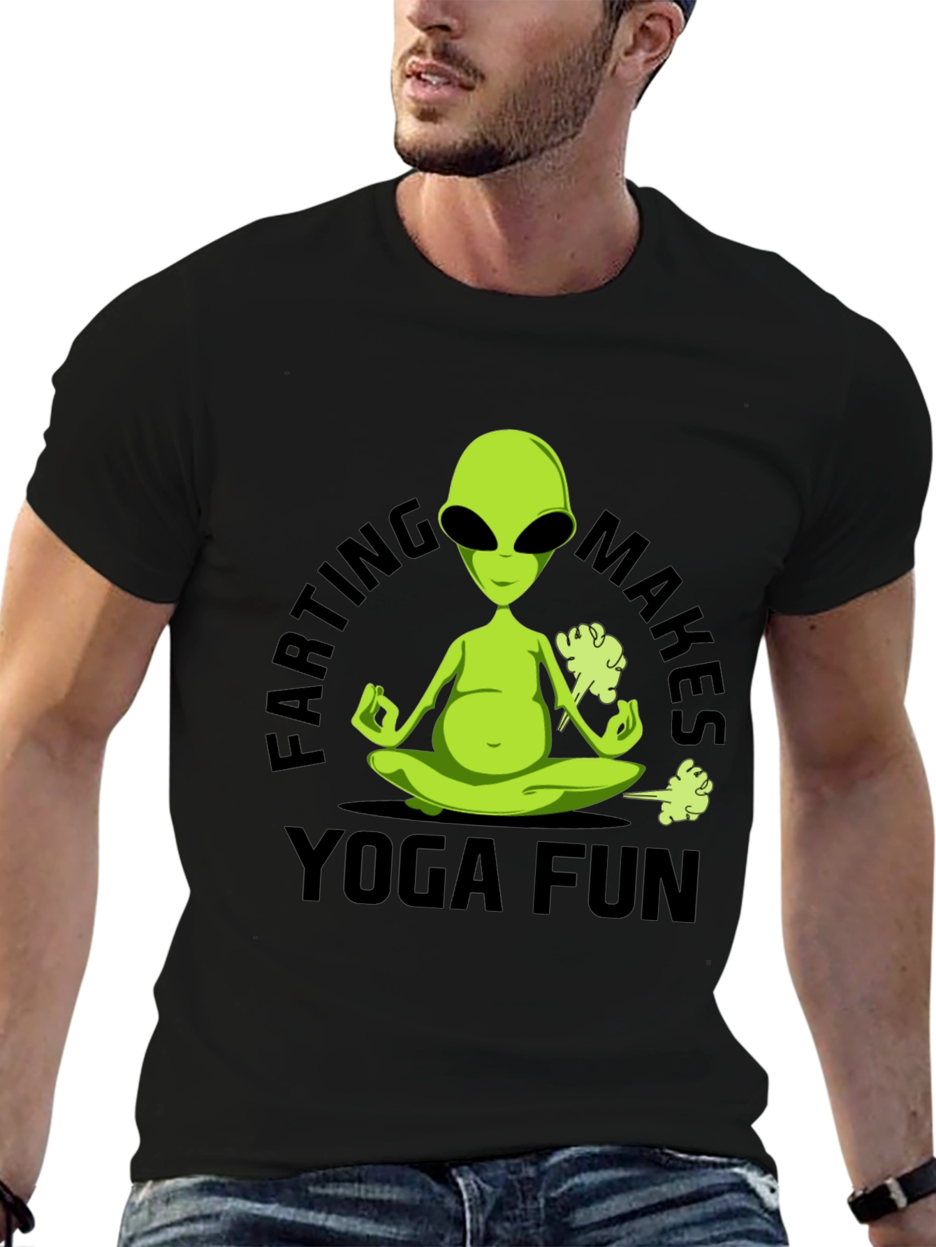 Farting Makes Yoga Fun T-Shirt Alien Meditation Black Tee