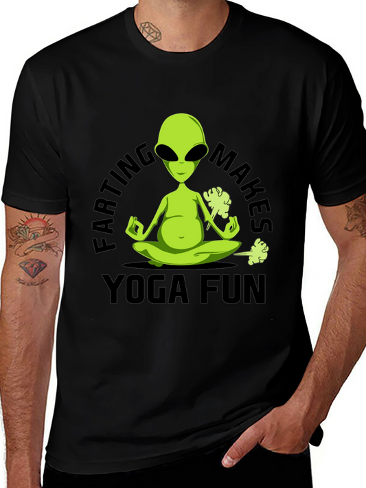 Farting Makes Yoga Fun T-Shirt Alien Meditation Black Tee
