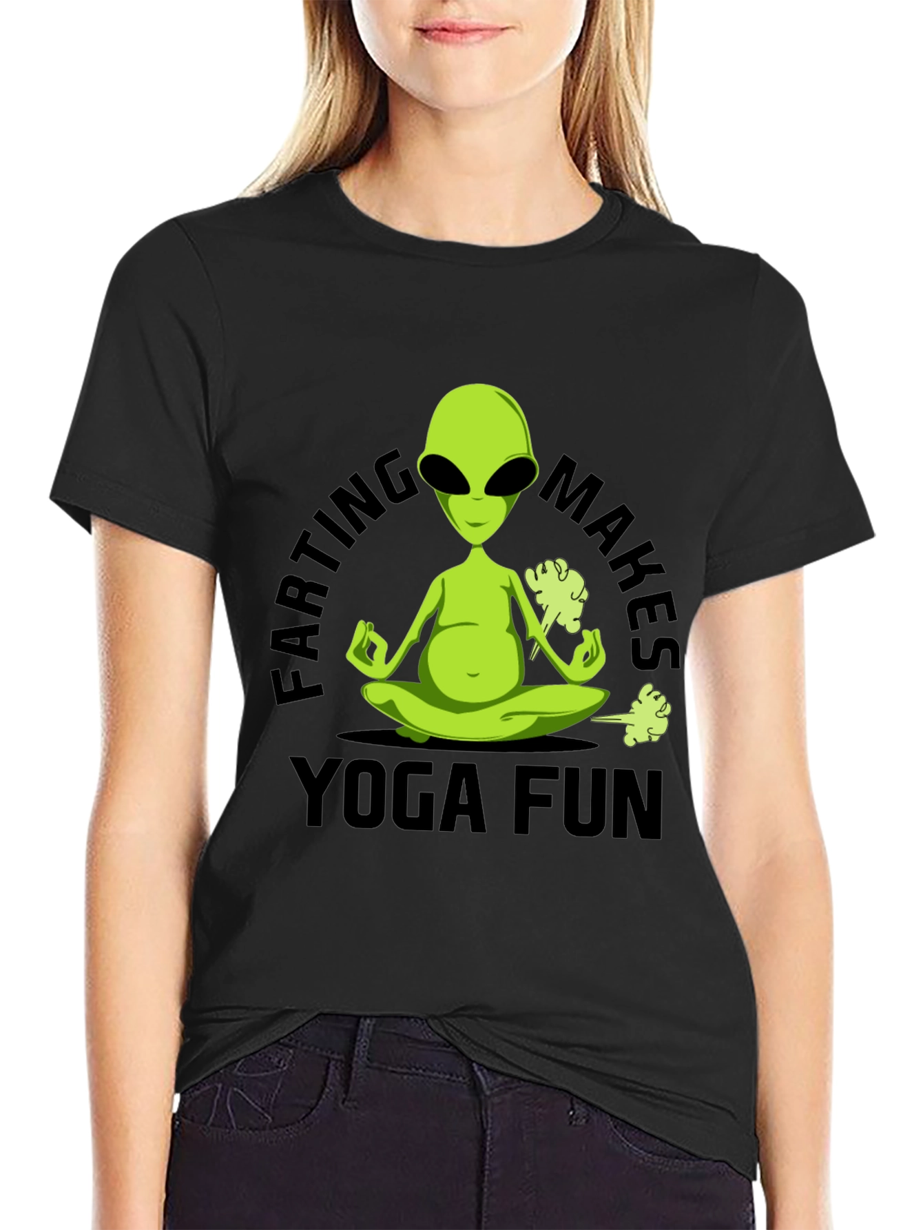 Farting Makes Yoga Fun T-Shirt Alien Meditation Black Tee