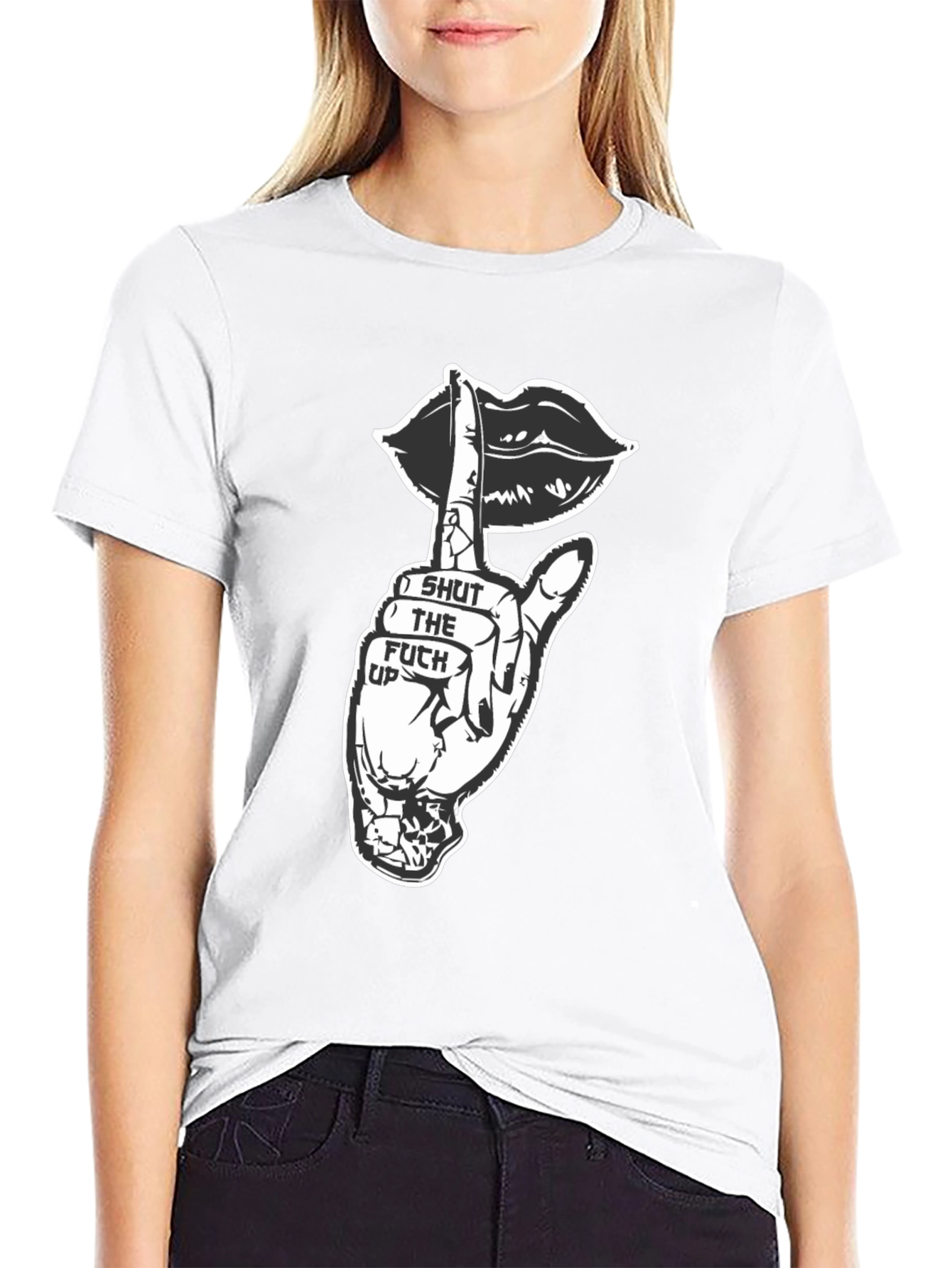 Black Graphic Tee - Shut Up Lips Hand