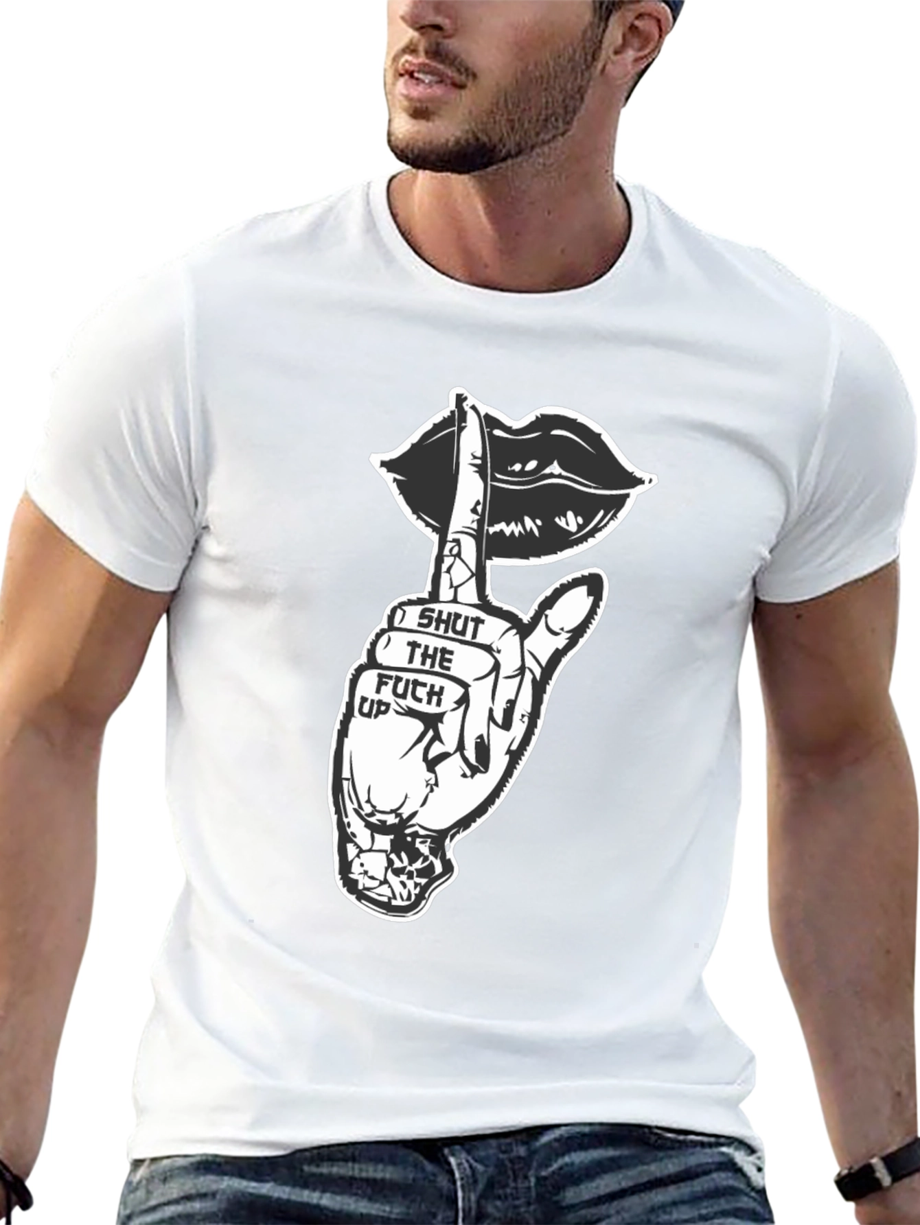 Black Graphic Tee - Shut Up Lips Hand