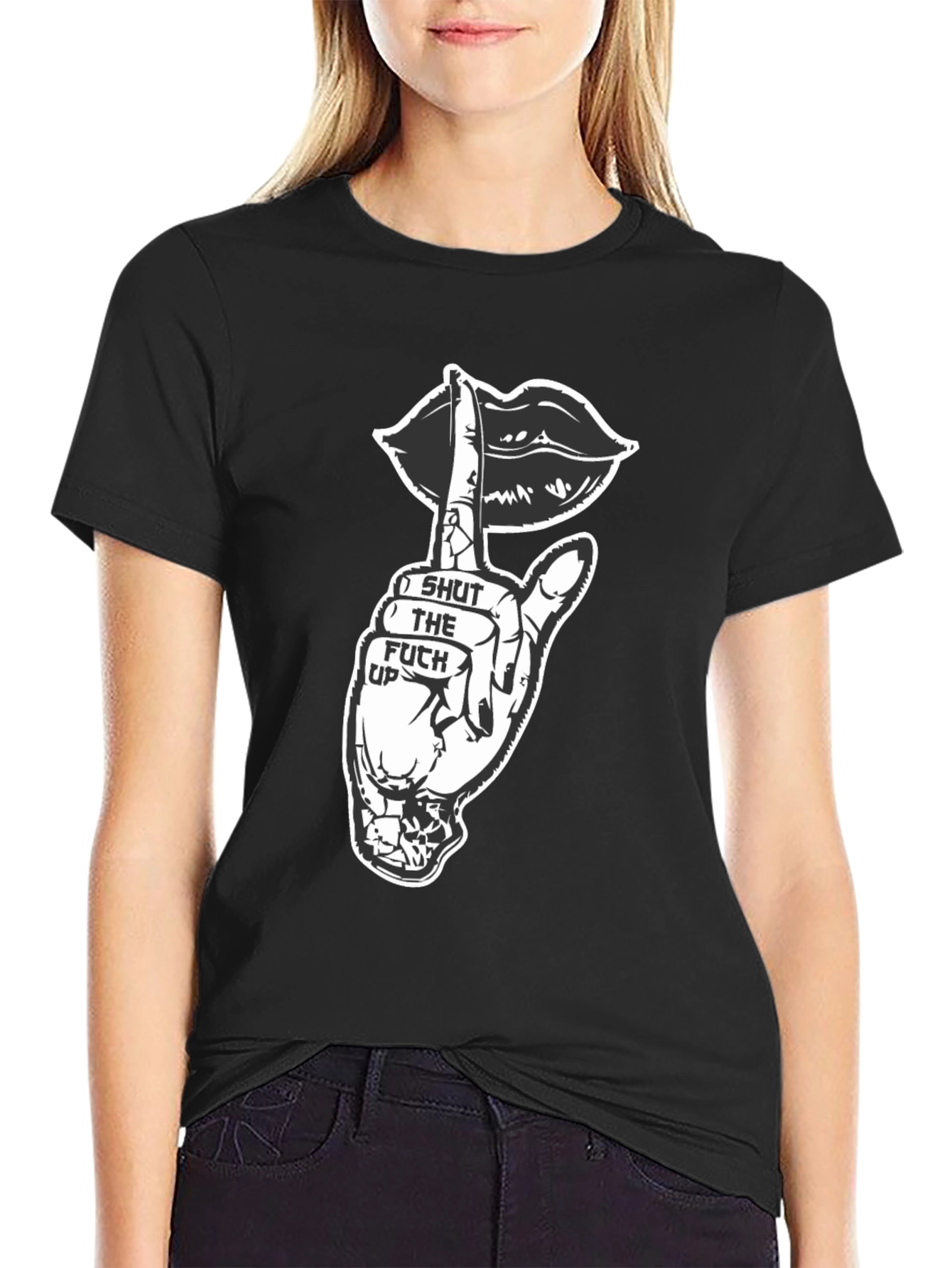 Black Graphic Tee - Shut Up Lips Hand