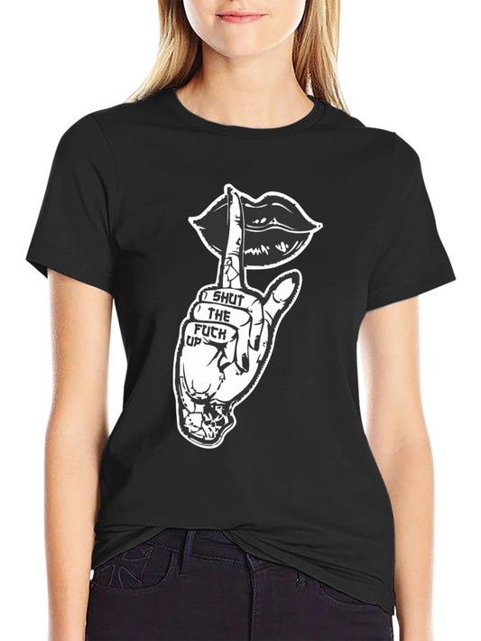 Black Graphic Tee - Shut Up Lips Hand