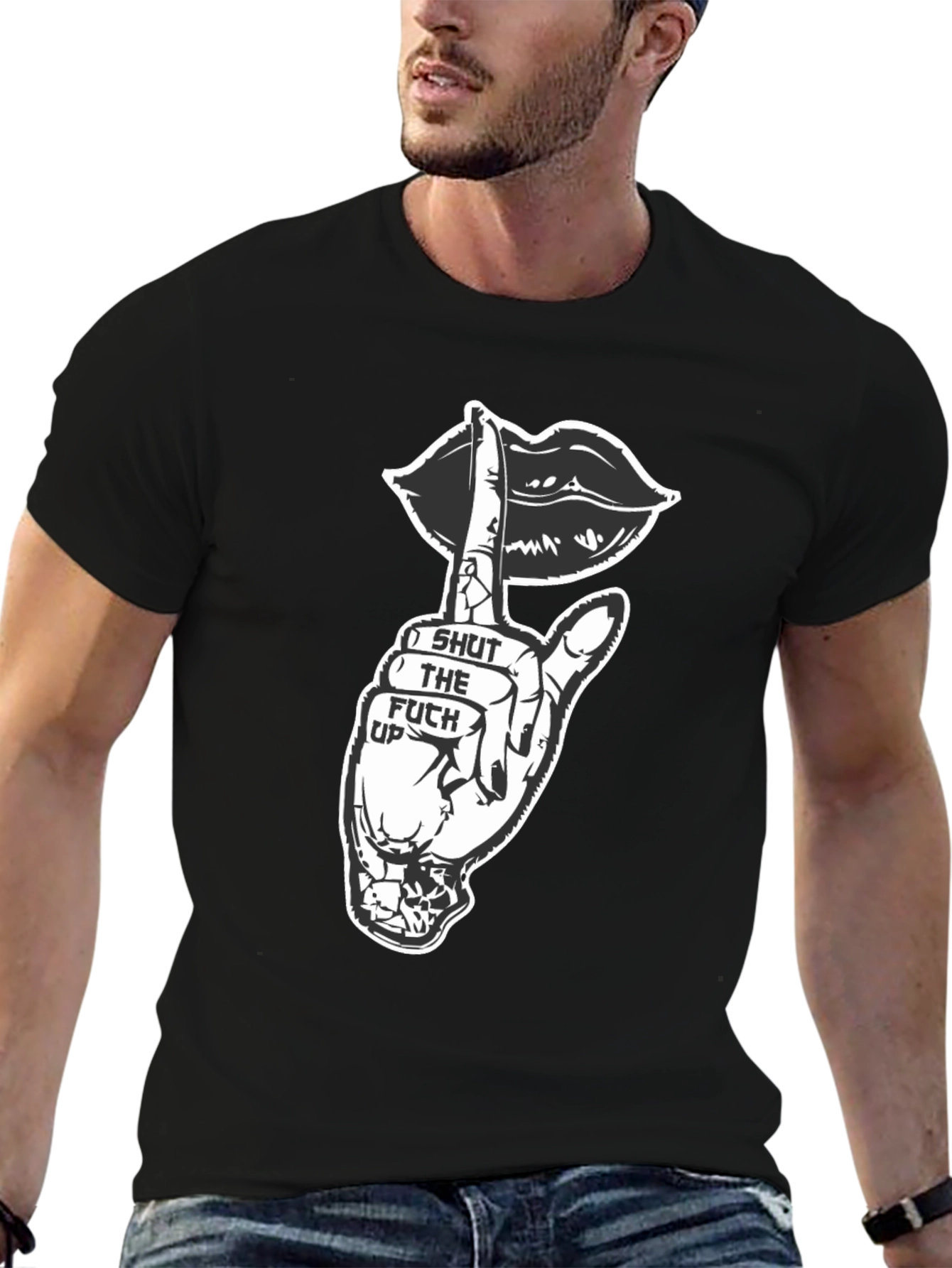Black Graphic Tee - Shut Up Lips Hand