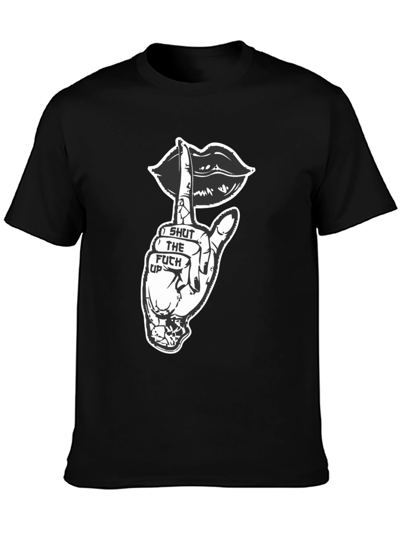 Black Graphic Tee - Shut Up Lips Hand