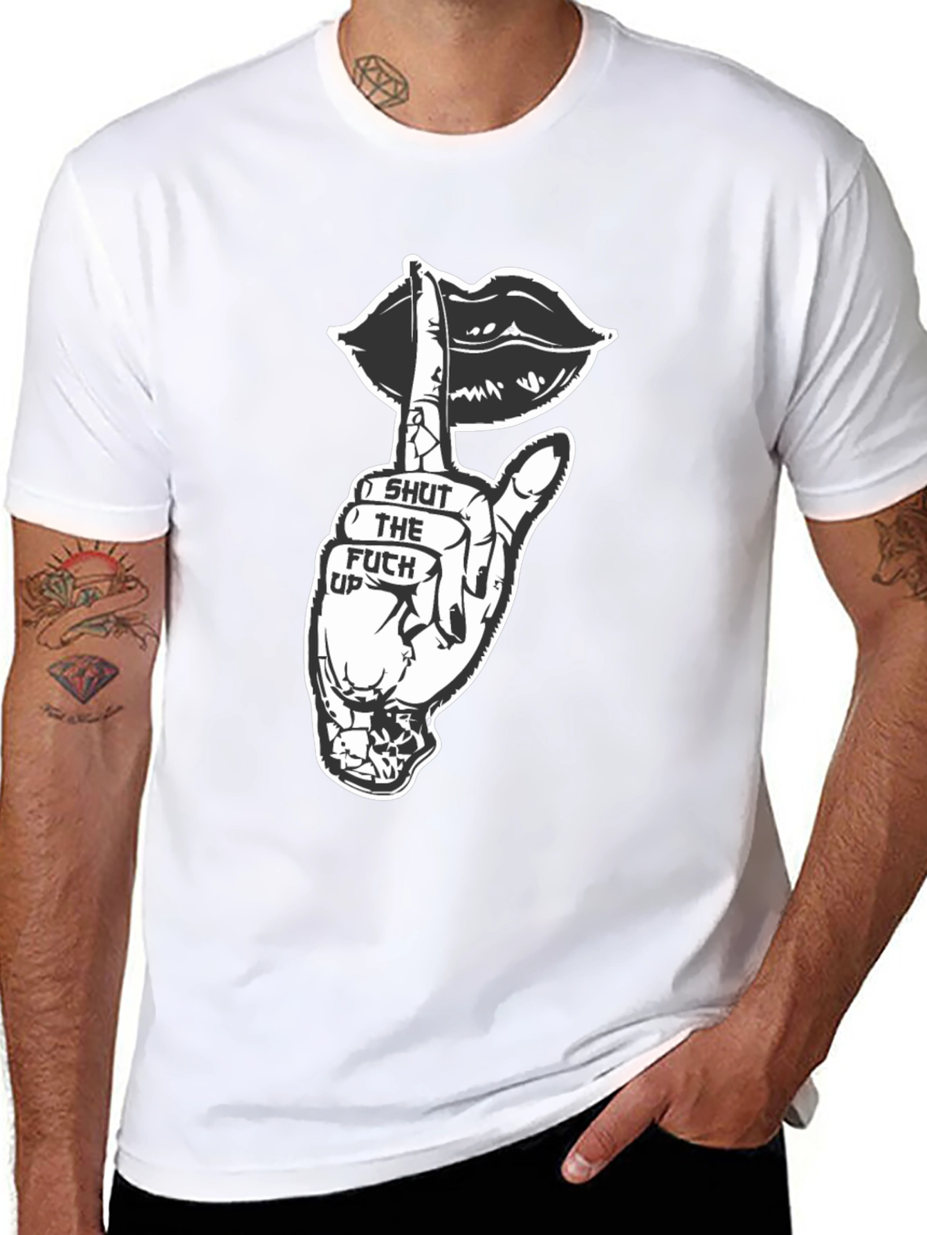 Black Graphic Tee - Shut Up Lips Hand