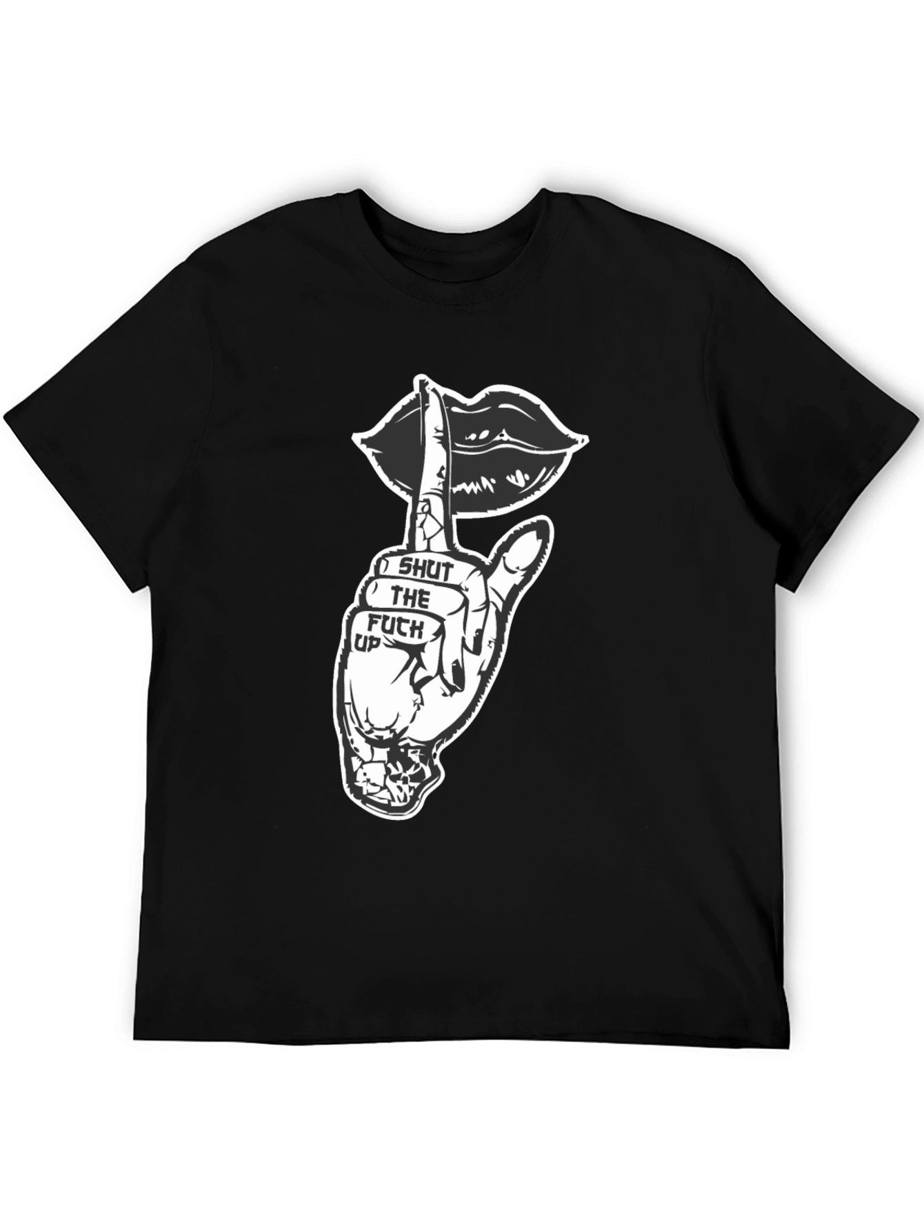 Black Graphic Tee - Shut Up Lips Hand