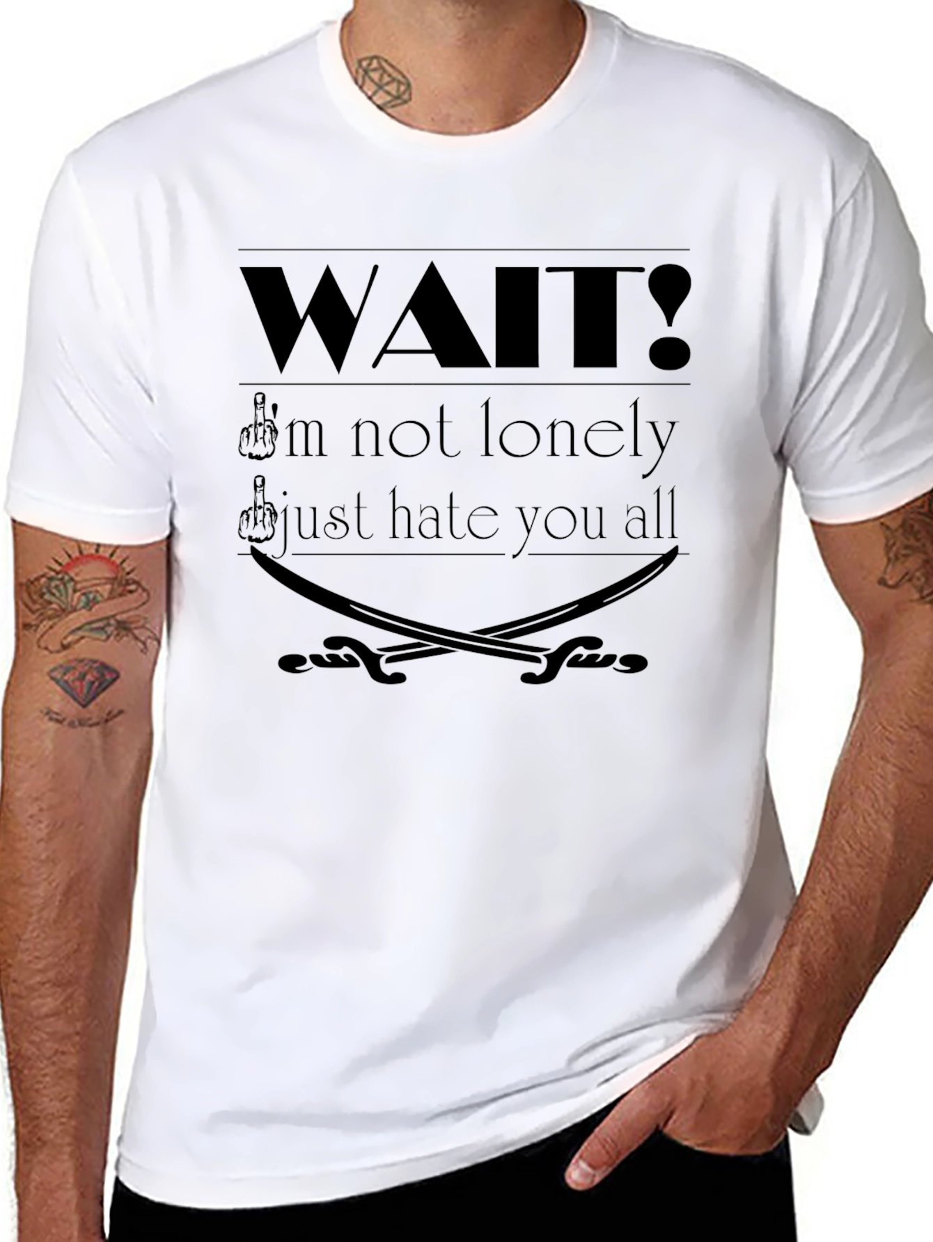 Edgy Graphic T-Shirt: Wait! Slogan with Swords