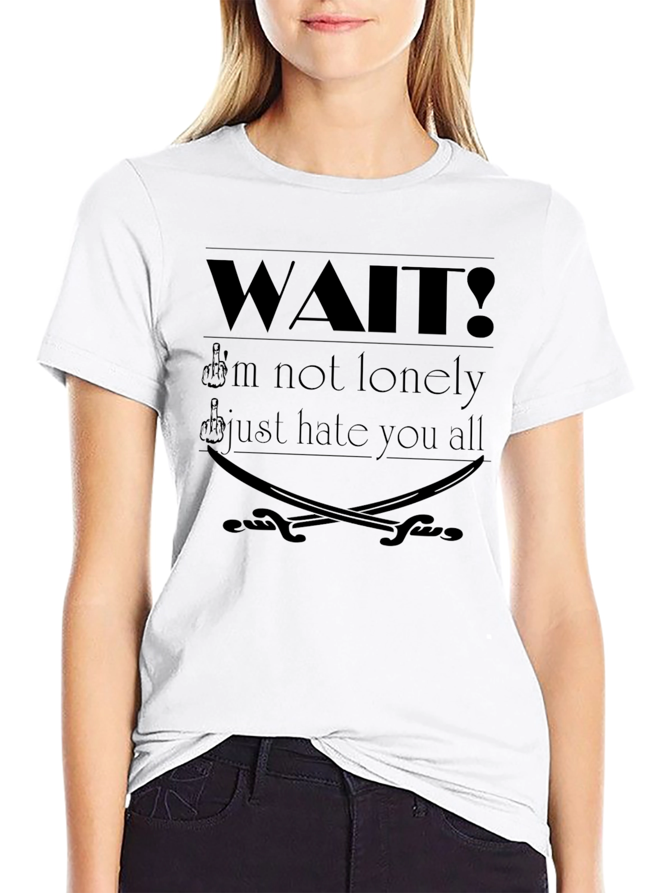 Edgy Graphic T-Shirt: Wait! Slogan with Swords
