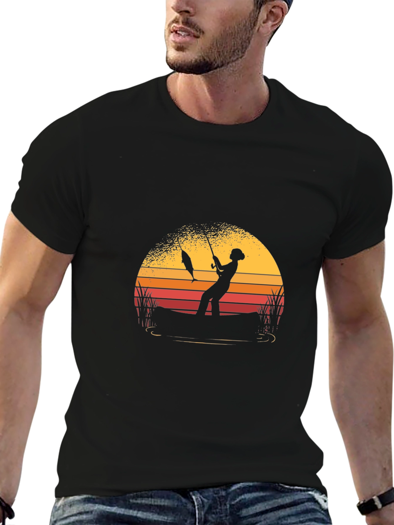 Fisherman Sunset Graphic T-Shirt - Black