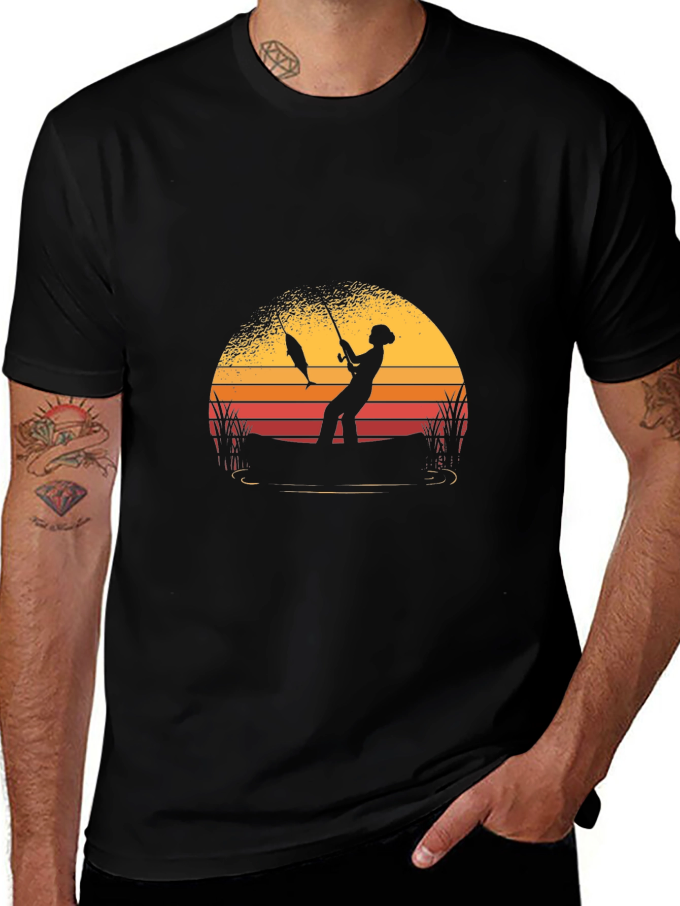 Fisherman Sunset Graphic T-Shirt - Black