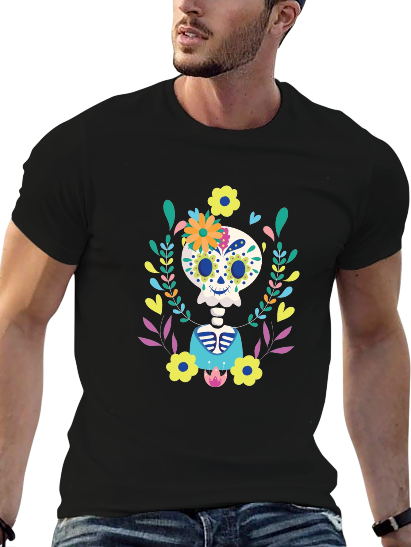 Sugar Skull Floral Skeleton Graphic Tee