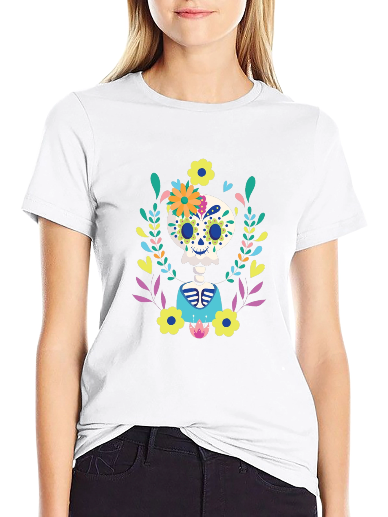 Sugar Skull Floral Skeleton Graphic Tee