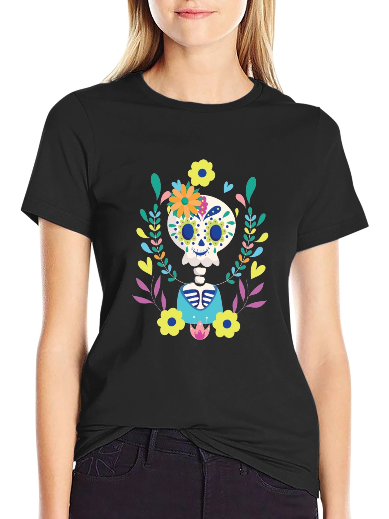 Sugar Skull Floral Skeleton Graphic Tee