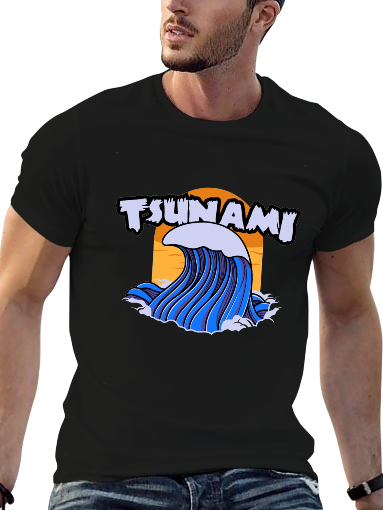 Tsunami Wave Graphic Print Black T-Shirt