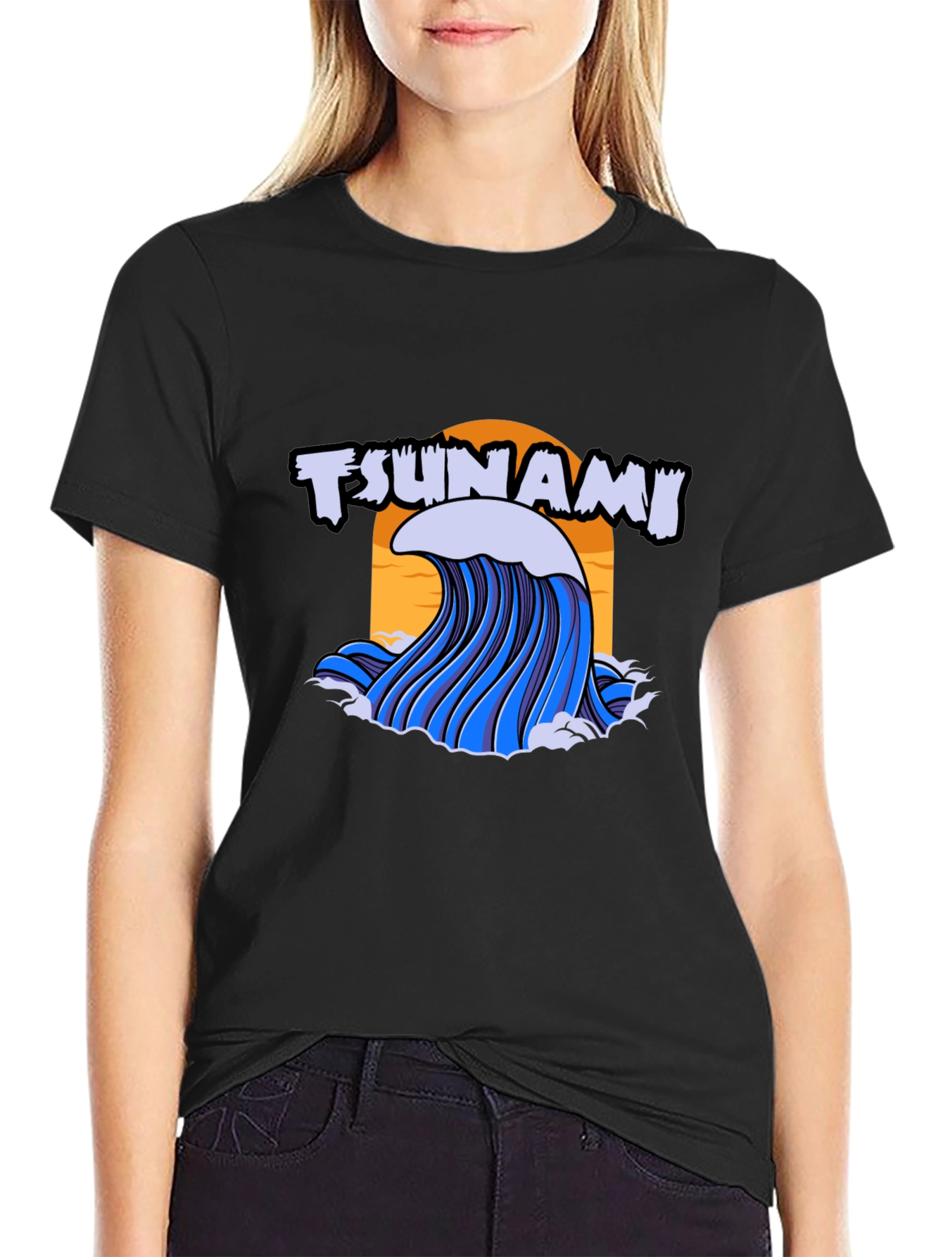 Tsunami Wave Graphic Print Black T-Shirt