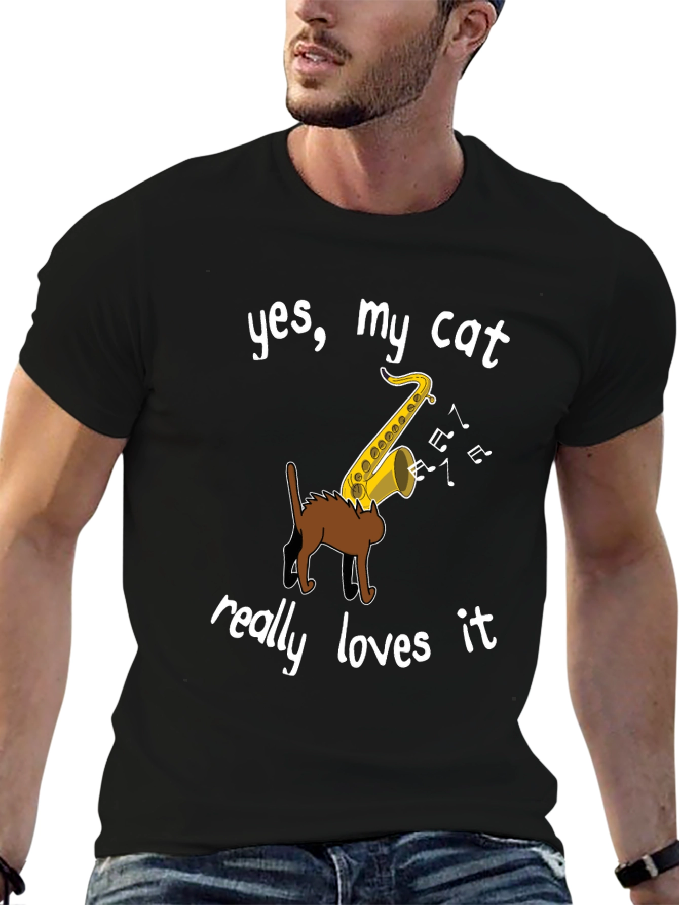 Cat Loves Saxophone Graphic Tee