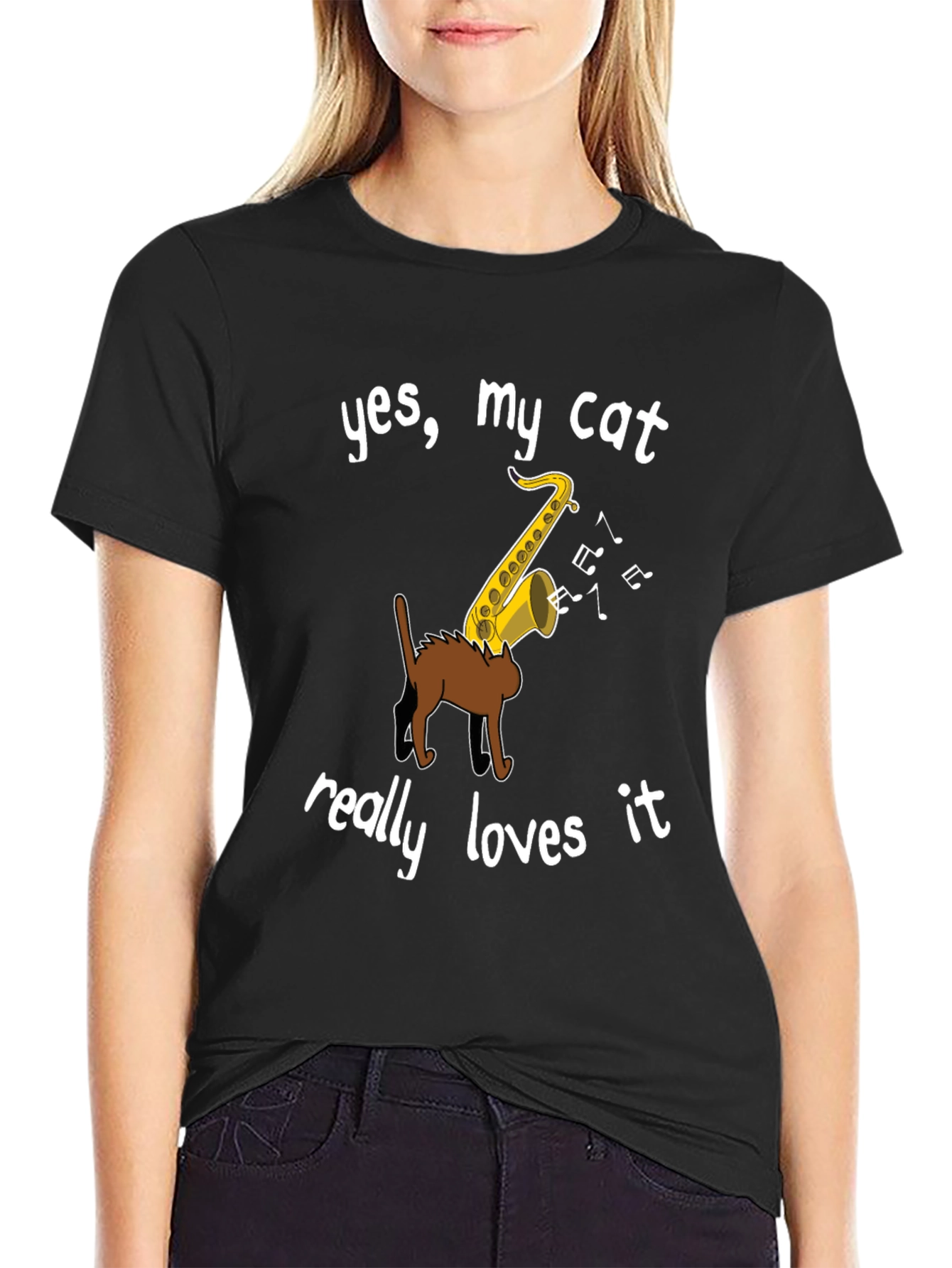 Cat Loves Saxophone Graphic Tee