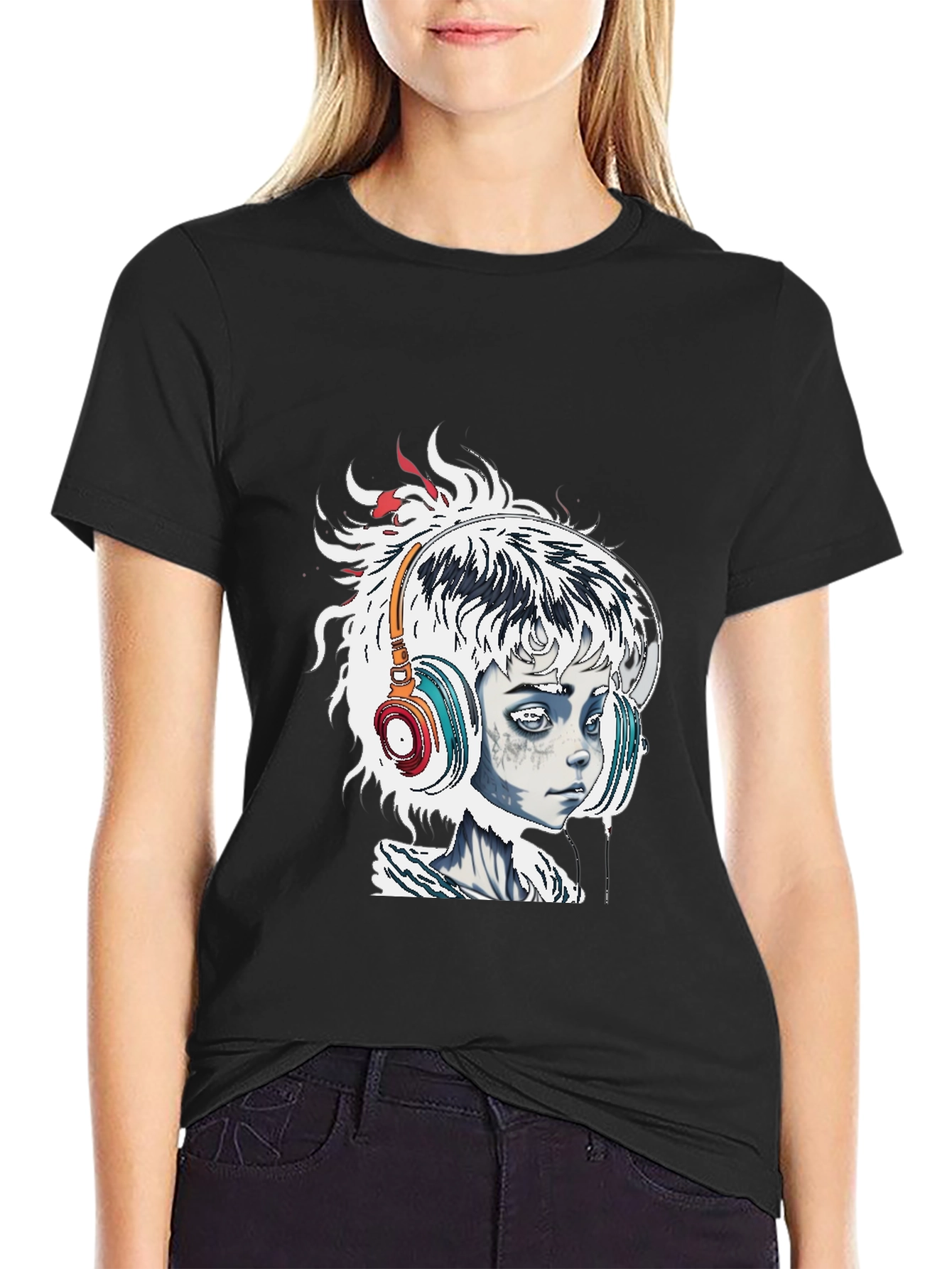 Edgy Graphic Tee - Girl with Headphones Black T-Shirt