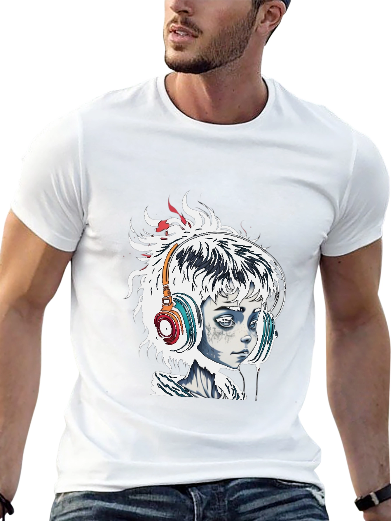 Edgy Graphic Tee - Girl with Headphones Black T-Shirt