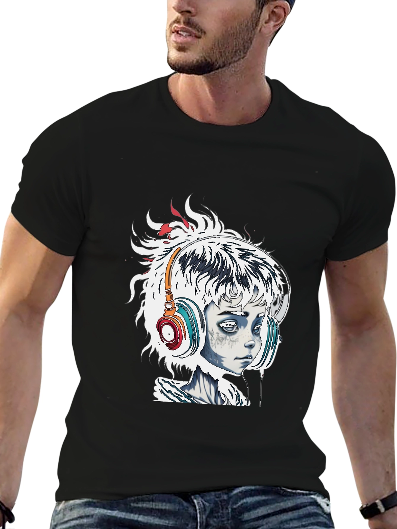 Edgy Graphic Tee - Girl with Headphones Black T-Shirt