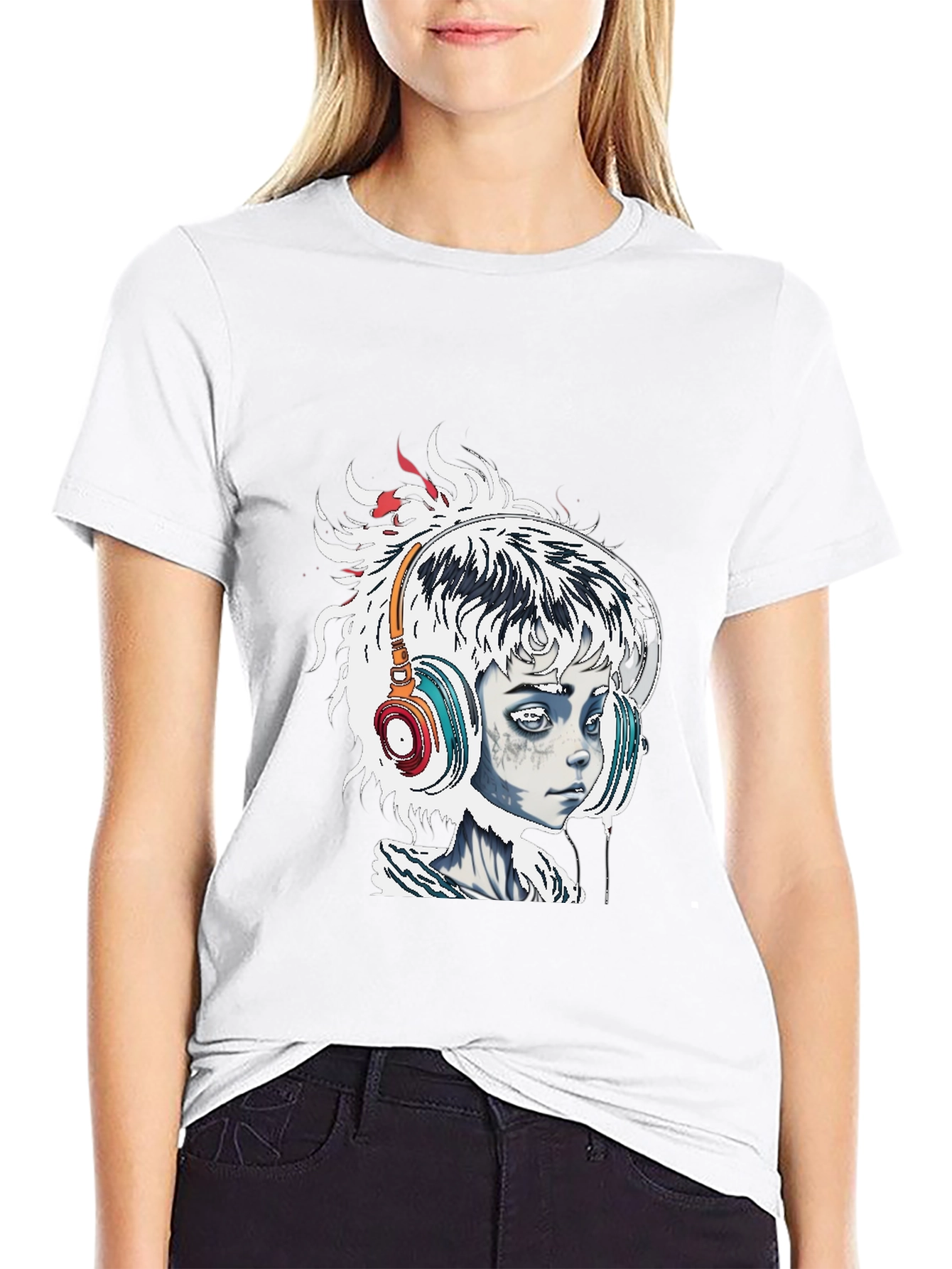 Edgy Graphic Tee - Girl with Headphones Black T-Shirt