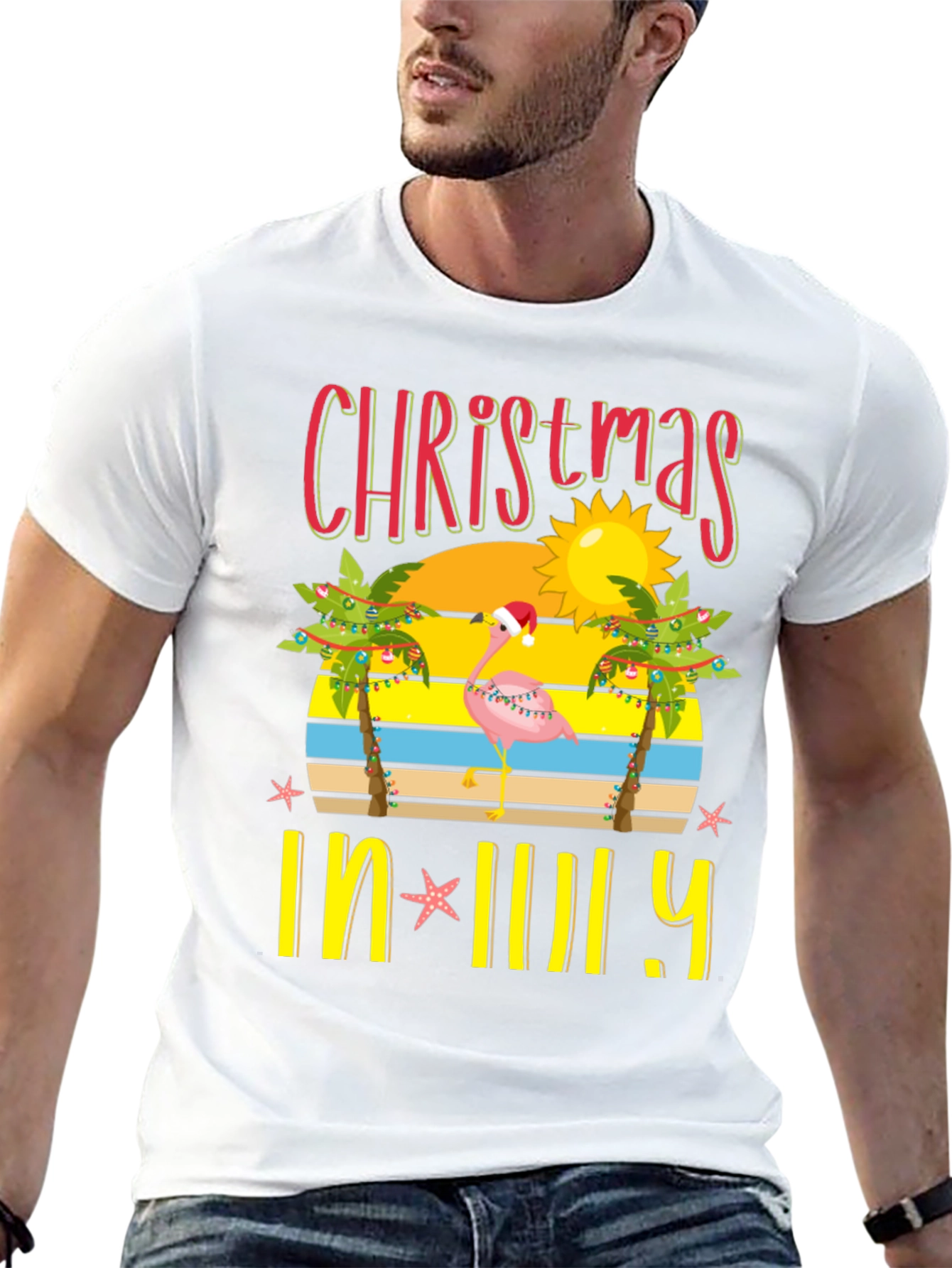 Christmas In July T-Shirt Flamingo Palm Tree