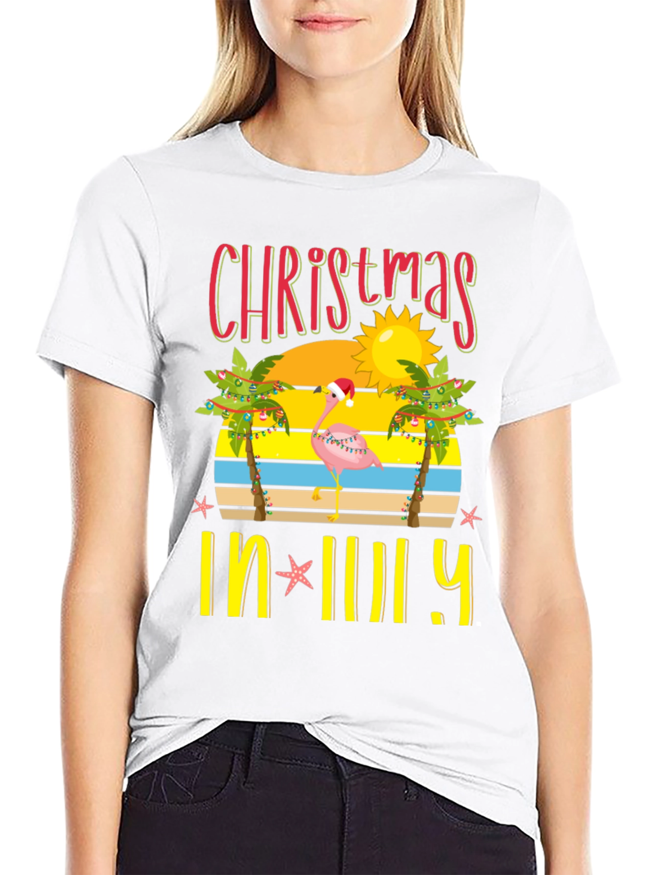 Christmas In July T-Shirt Flamingo Palm Tree