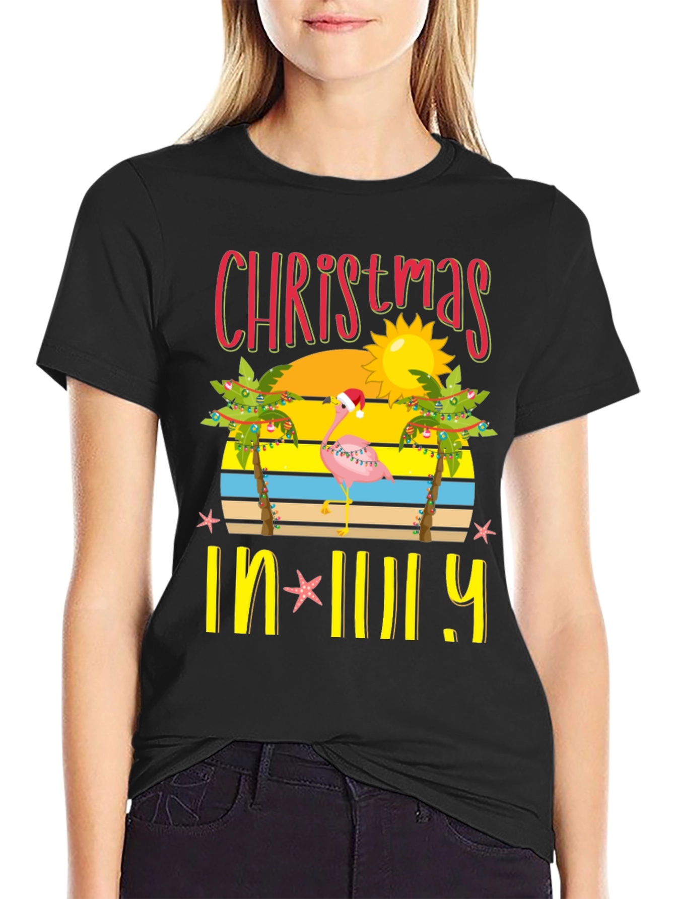 Christmas In July T-Shirt Flamingo Palm Tree