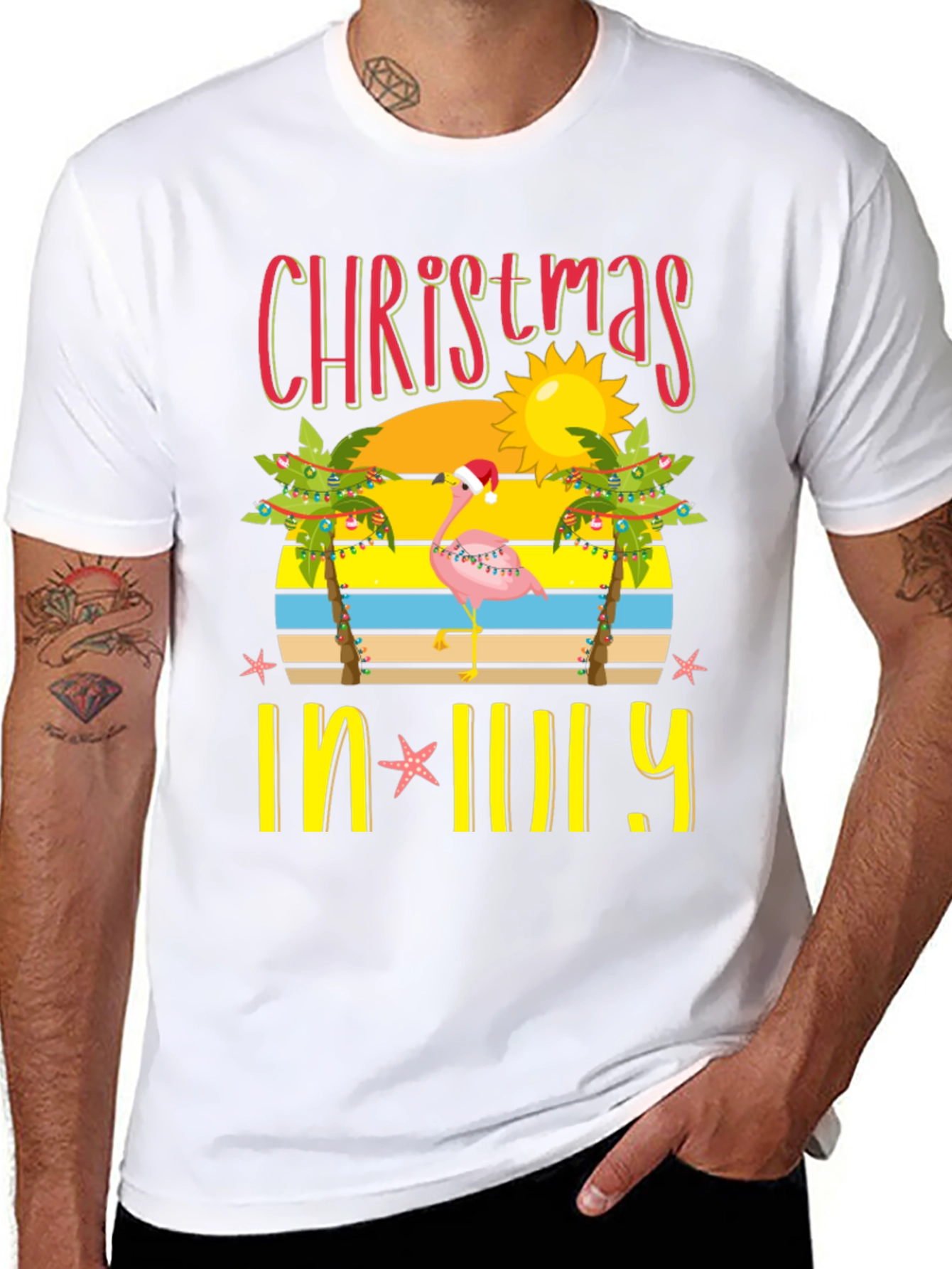Christmas In July T-Shirt Flamingo Palm Tree
