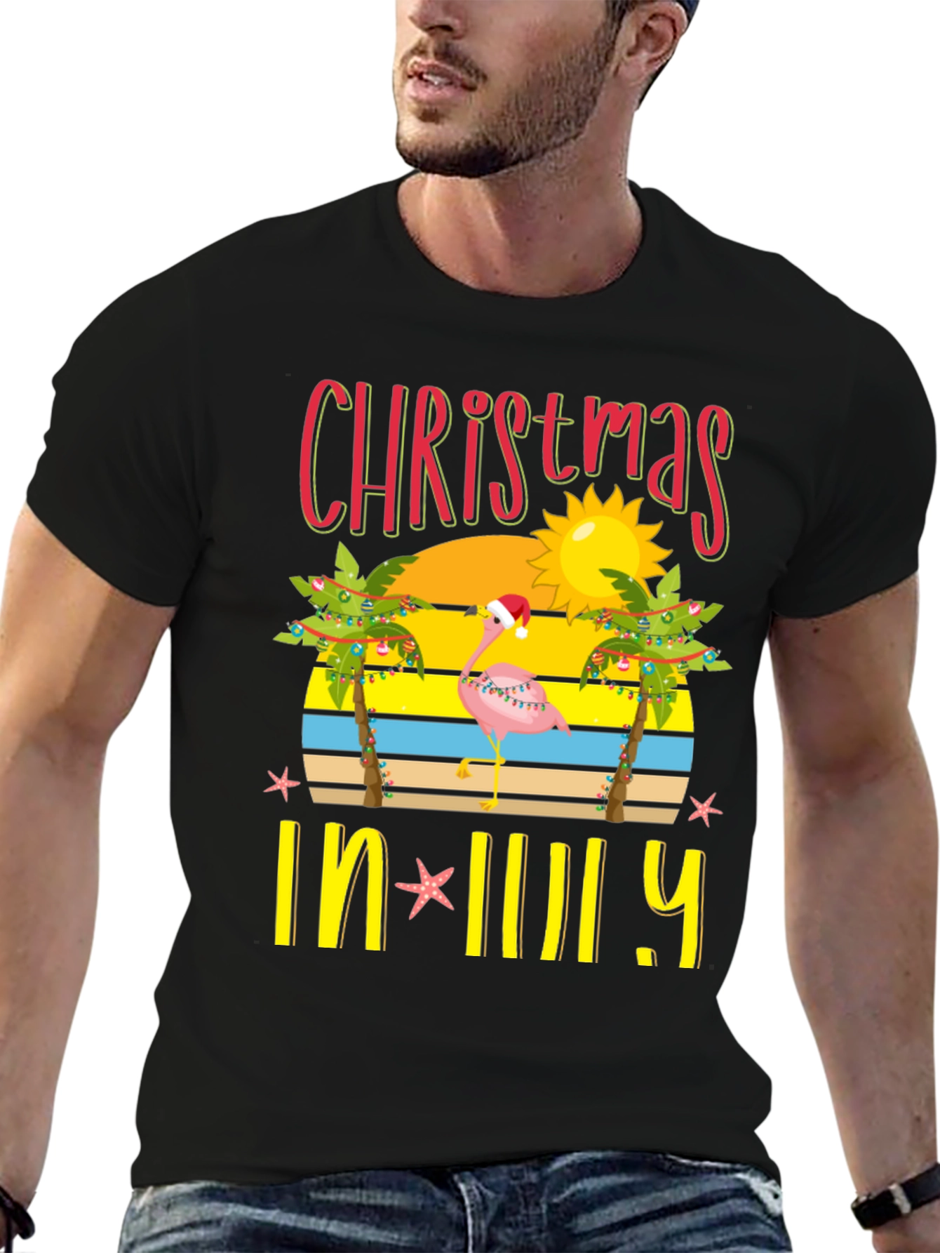Christmas In July T-Shirt Flamingo Palm Tree