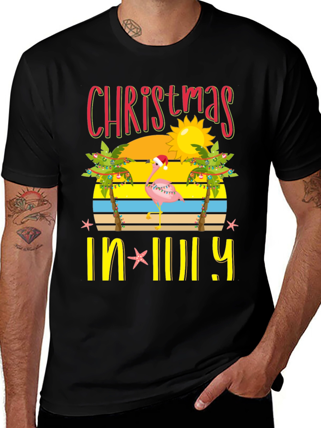 Christmas In July T-Shirt Flamingo Palm Tree