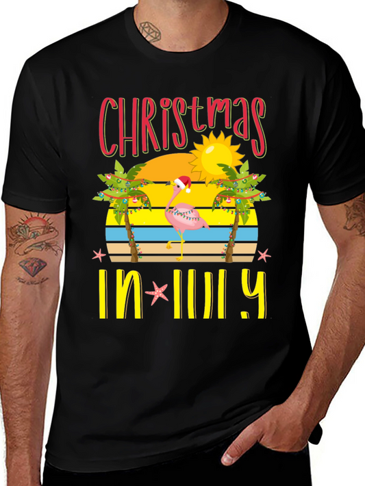 Christmas In July T-Shirt Flamingo Palm Tree