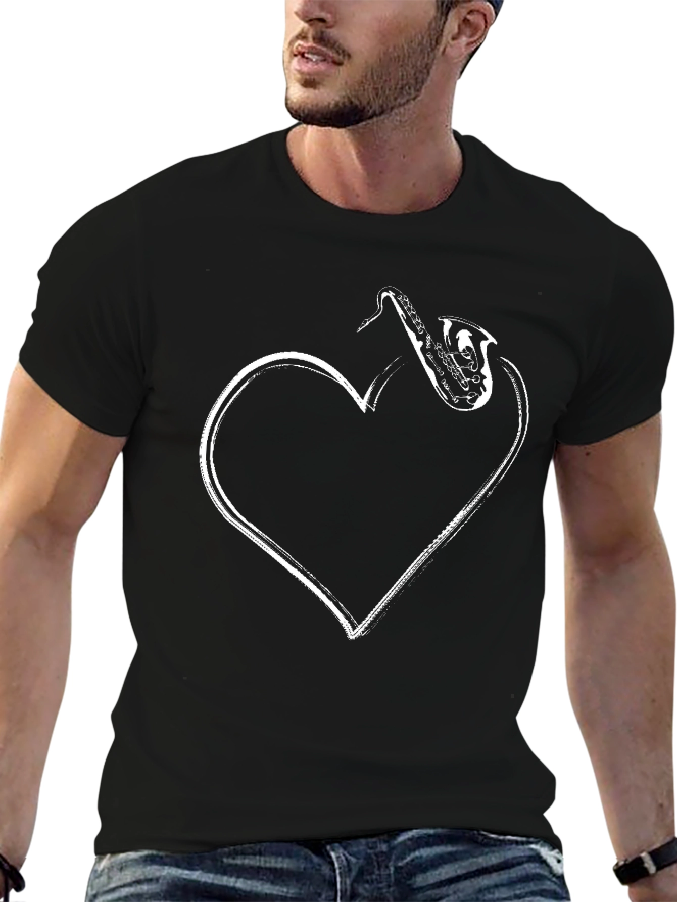 Saxophone Heart Graphic T-Shirt - Black