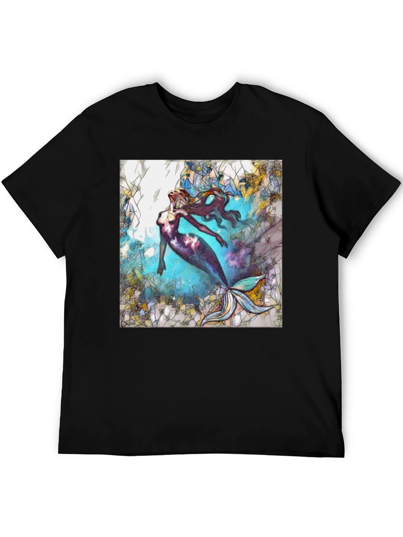 Mermaid Stained Glass Style Black T-Shirt