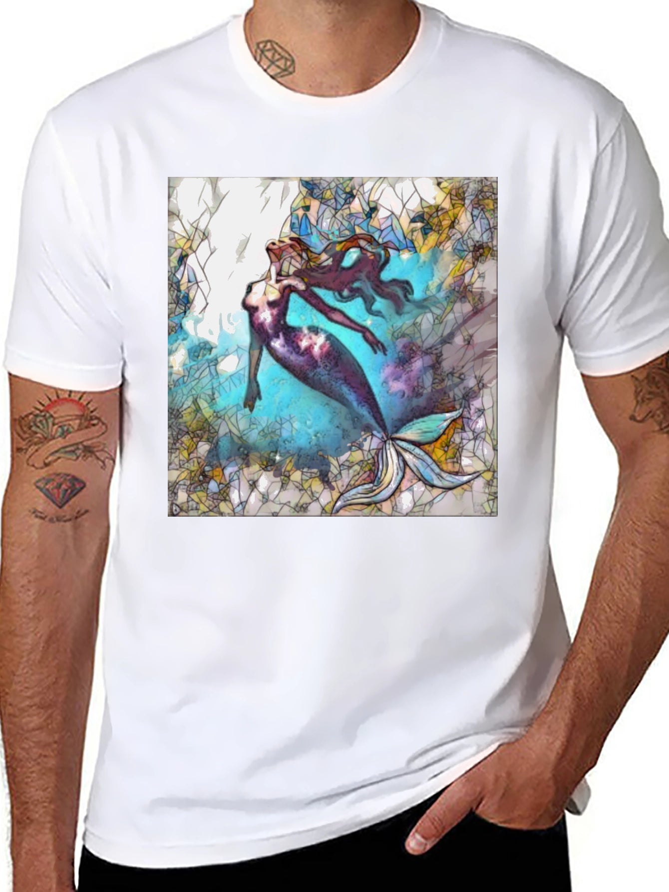 Mermaid Stained Glass Style Black T-Shirt