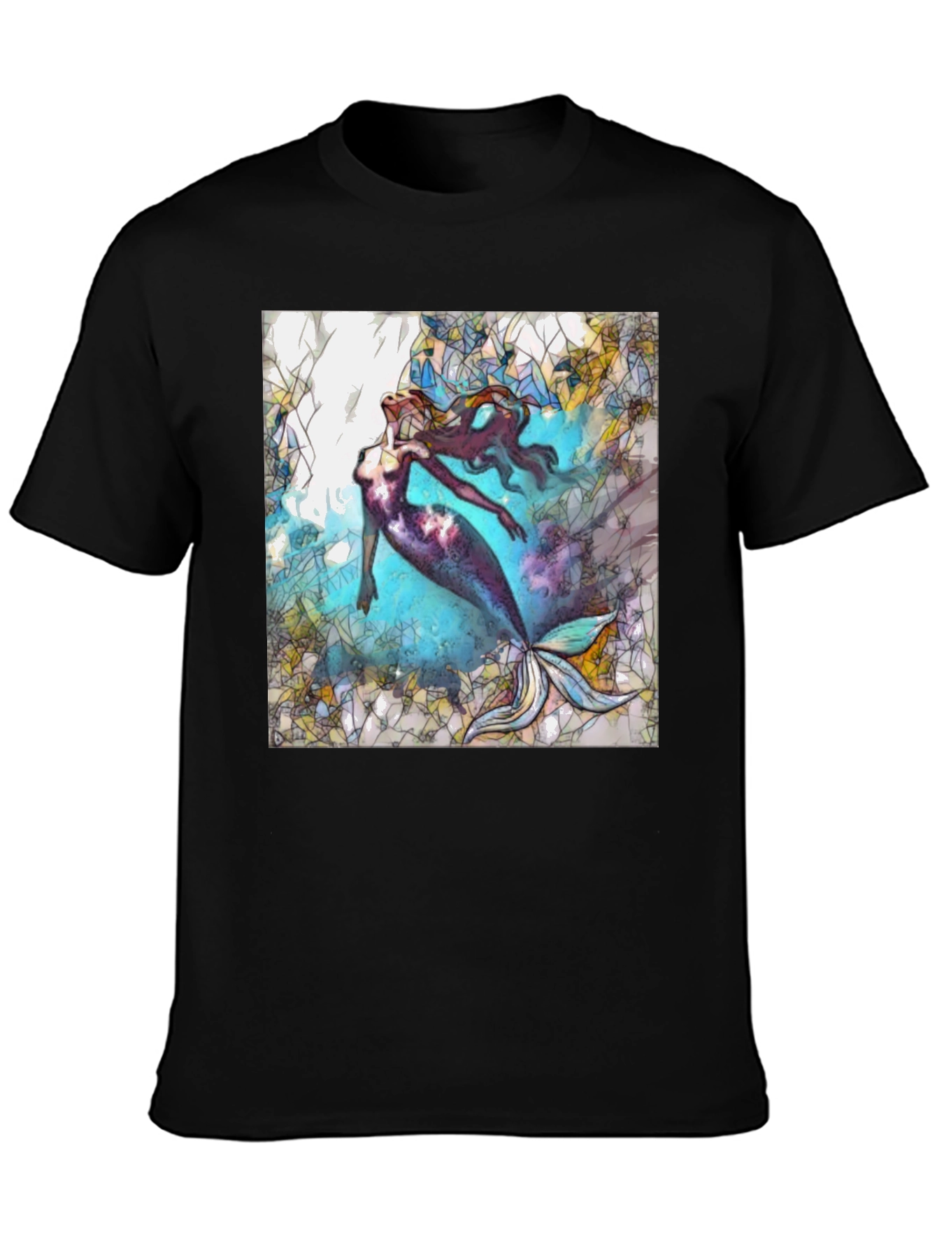 Mermaid Stained Glass Style Black T-Shirt
