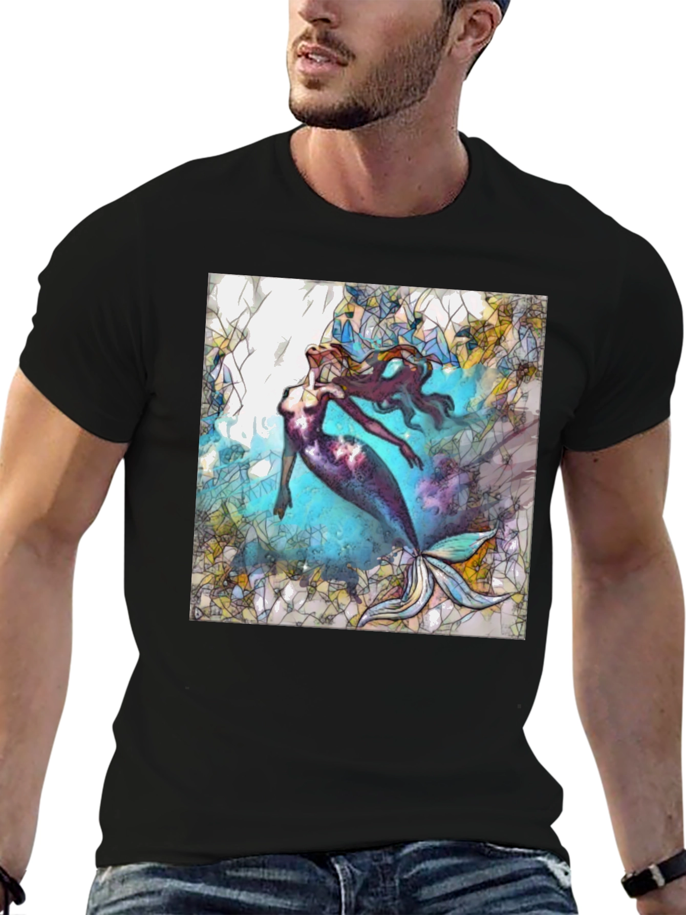 Mermaid Stained Glass Style Black T-Shirt