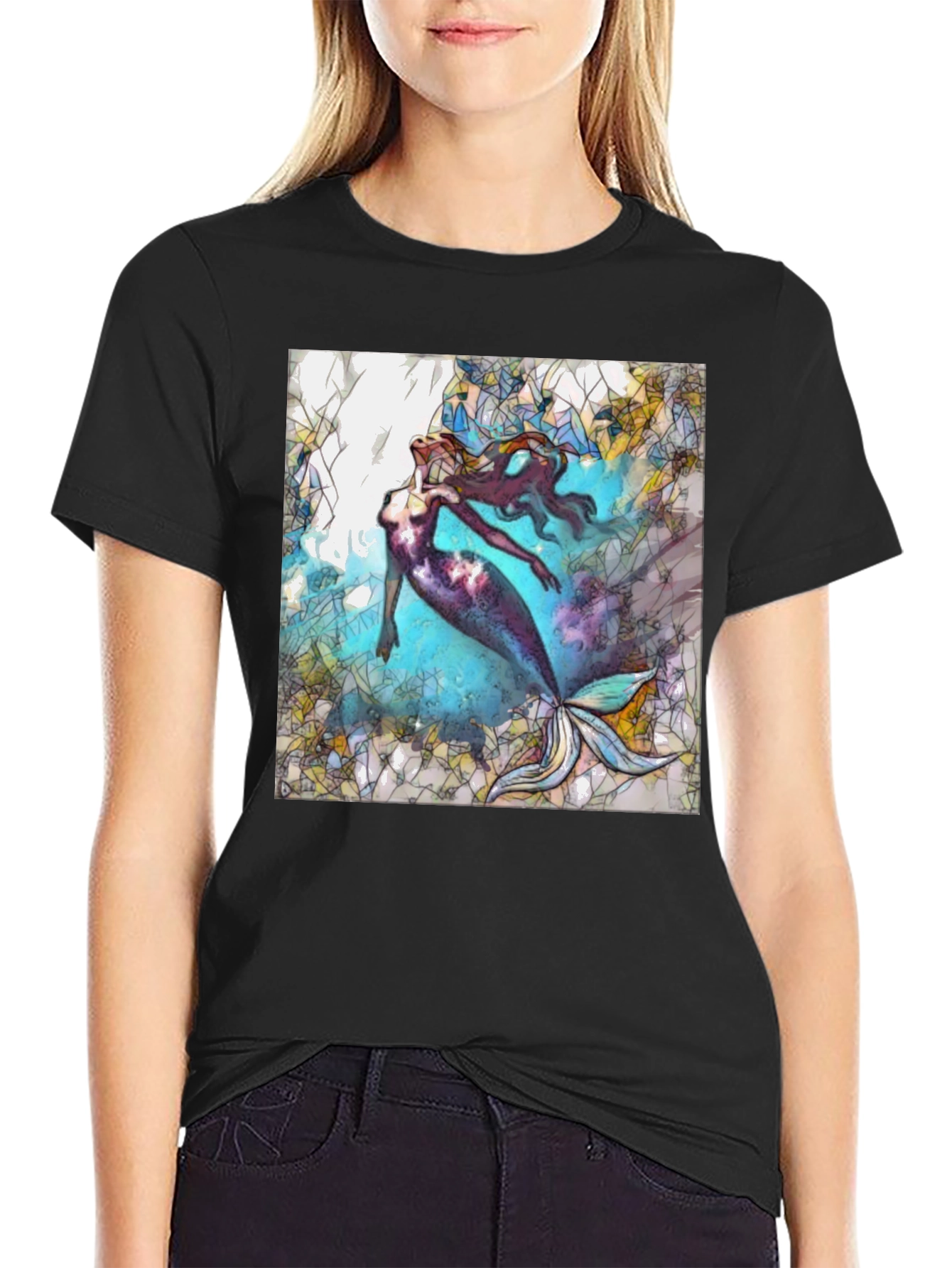 Mermaid Stained Glass Style Black T-Shirt