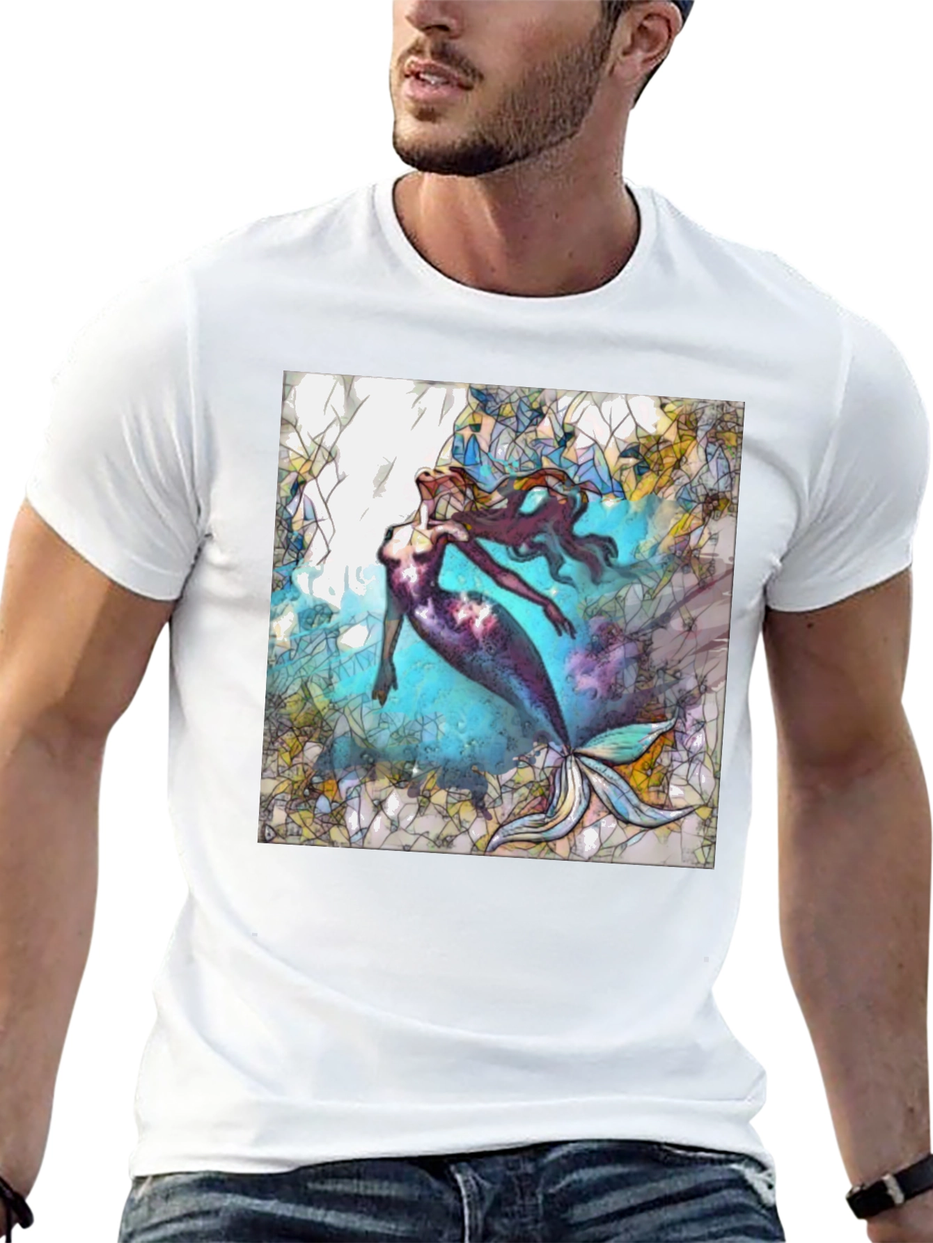Mermaid Stained Glass Style Black T-Shirt