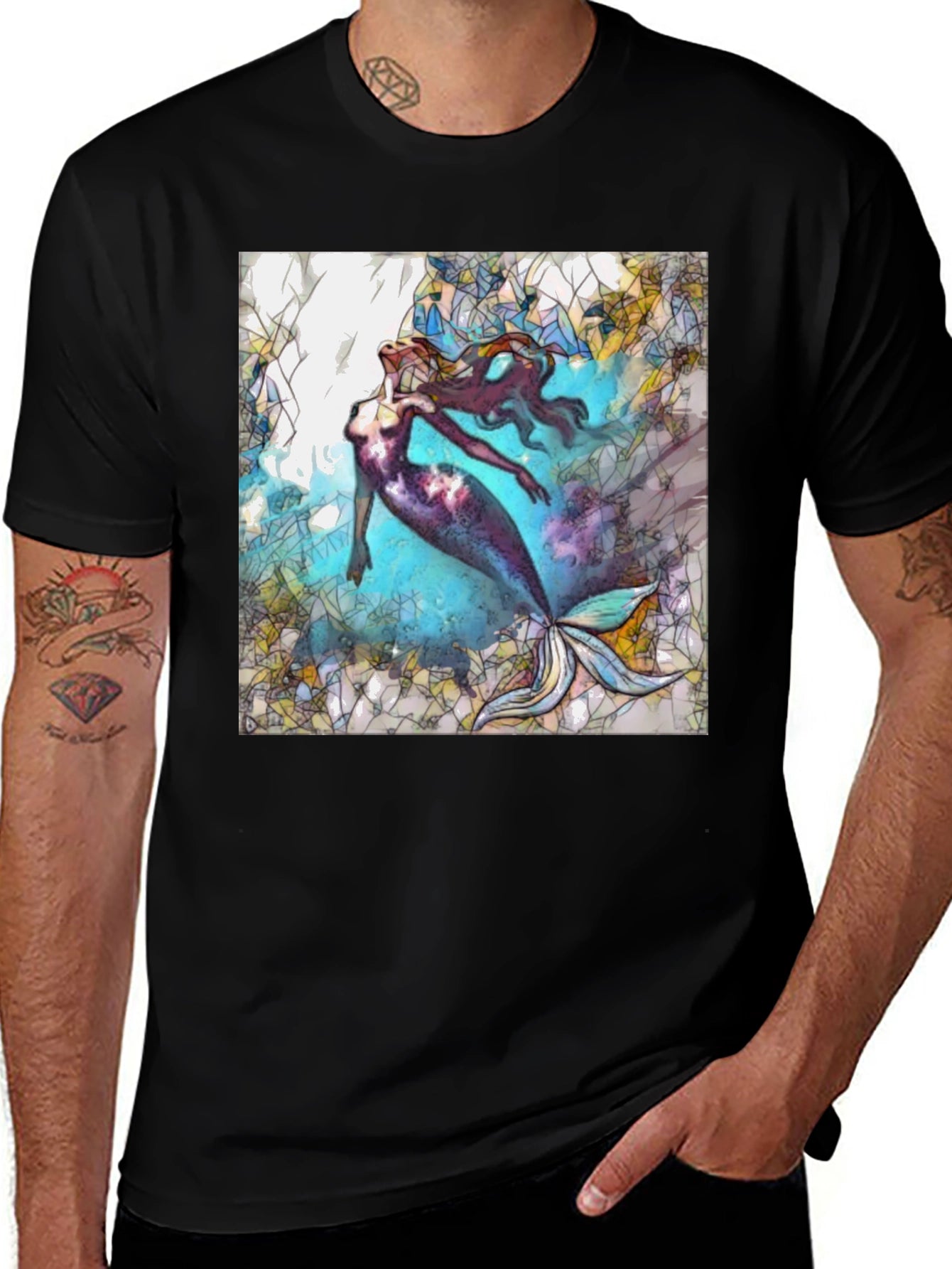 Mermaid Stained Glass Style Black T-Shirt