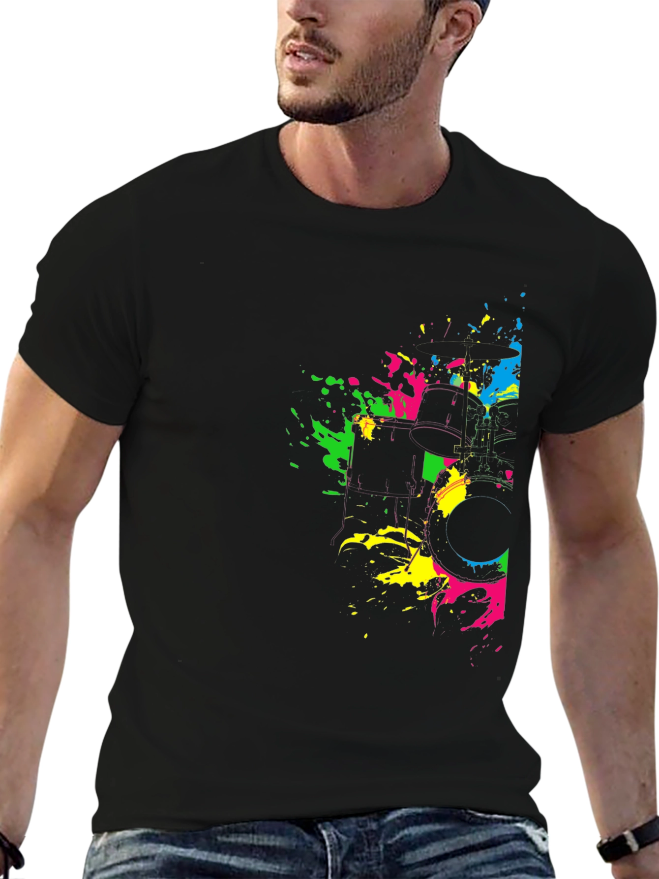Neon Splatter Drum Kit Graphic Black T-Shirt