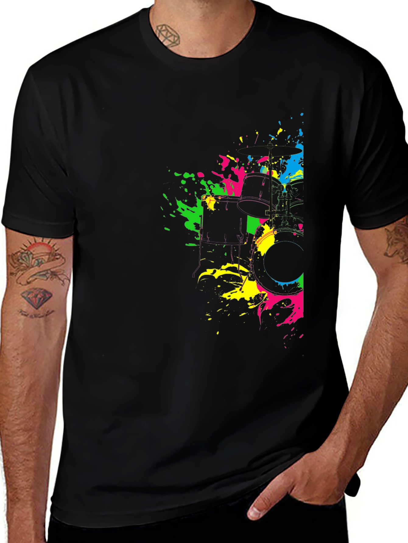 Neon Splatter Drum Kit Graphic Black T-Shirt
